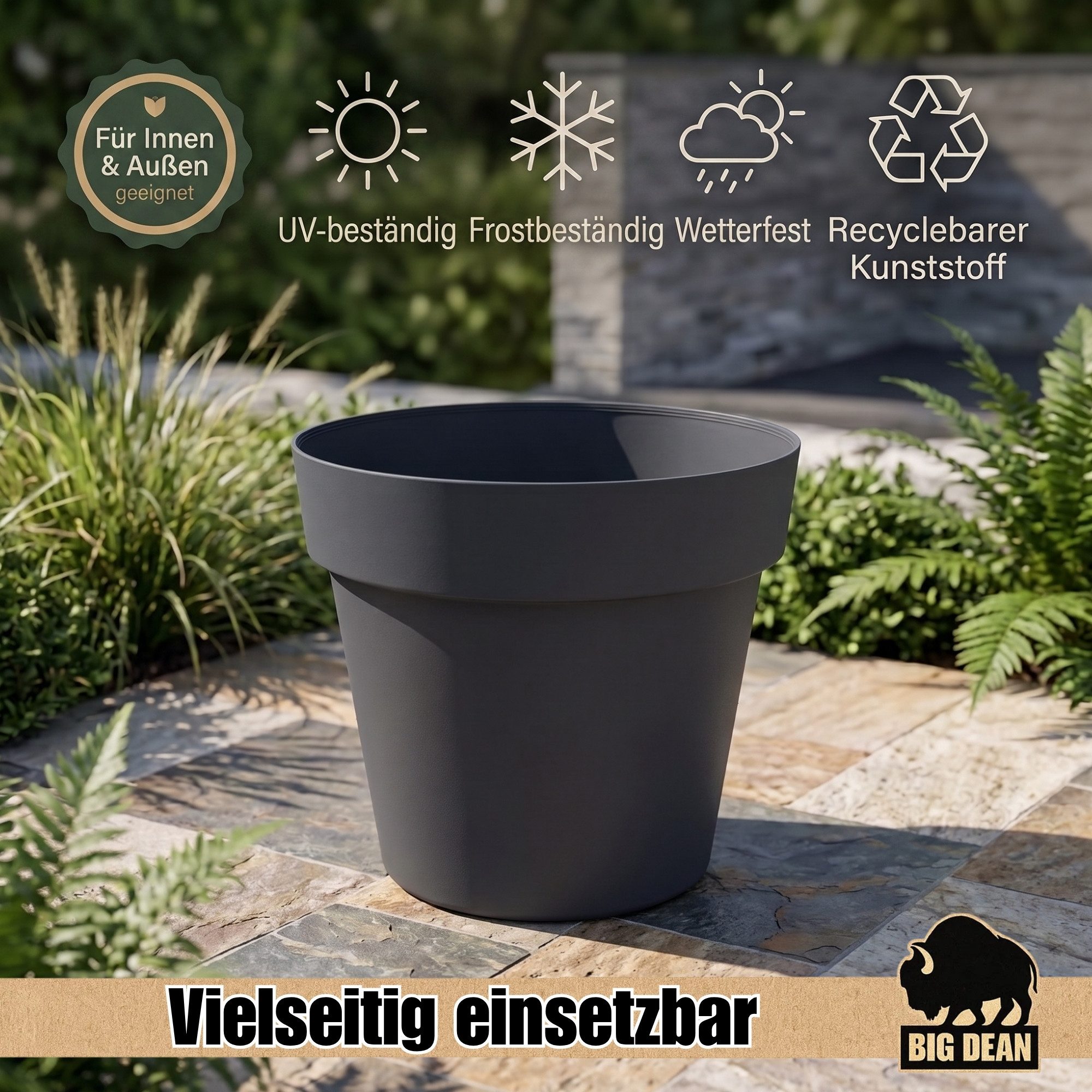 BigDean Blumentopf Pflanzkübel groß Anthrazit Classic mit integriertem Wasserspeicher (3 St), Wetterfester Kunststoff, Integrierter Zwischenboden – Bild 5 von 5