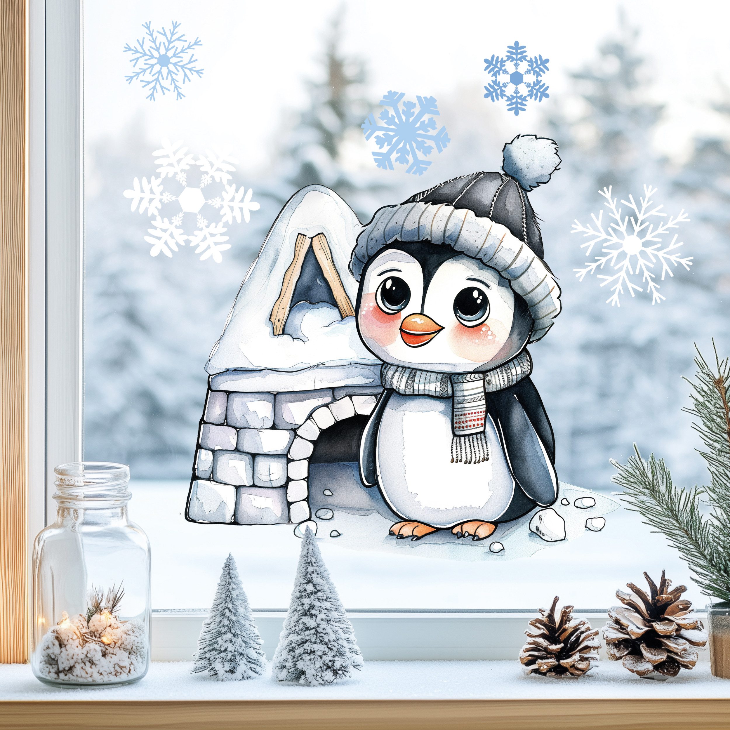 Sunnywall Fensterdekoration Kinderzimmer Fensterbild Winter Pinguin mit Igl günstig online kaufen