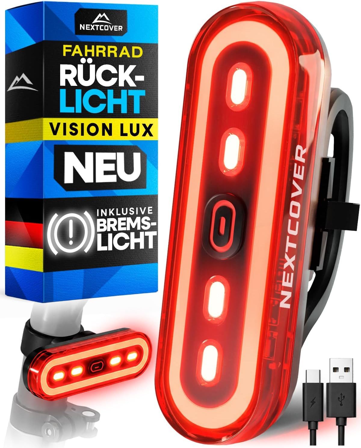 Nextcover Fahrrad-Rücklicht NEXTCOVER® BrakePro Fahrradrücklicht mit VisionLux LEDs und Bremslicht