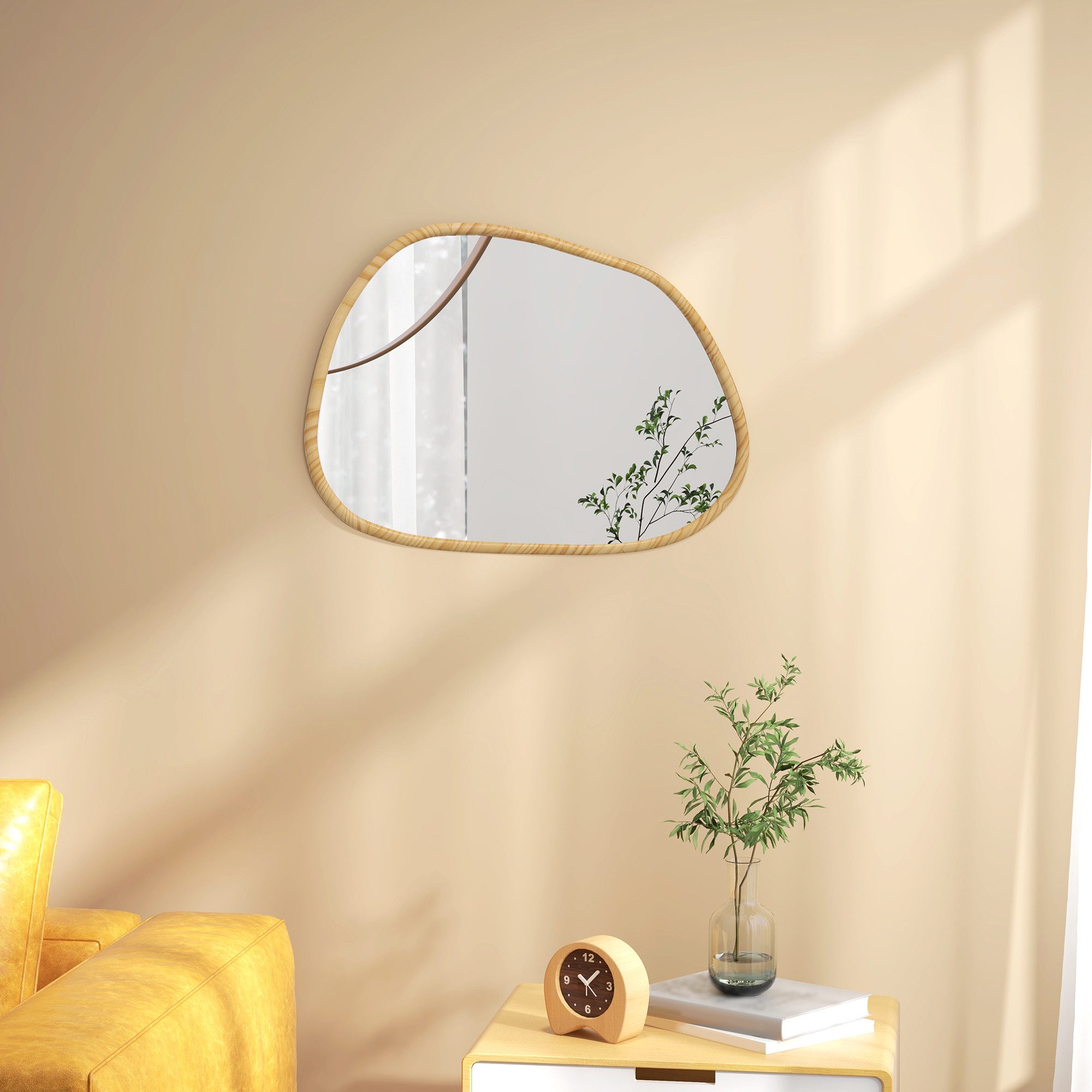 HOMCOM Wandspiegel Unregelmäßig Spiegel 80x60cm Kiefernholzrahmen Hängespiegel (Badezimmerspiegel, 1-St., Dekospiegel), für Bad, Wohnzimmer, Flur, Schlafzimmer, Natur