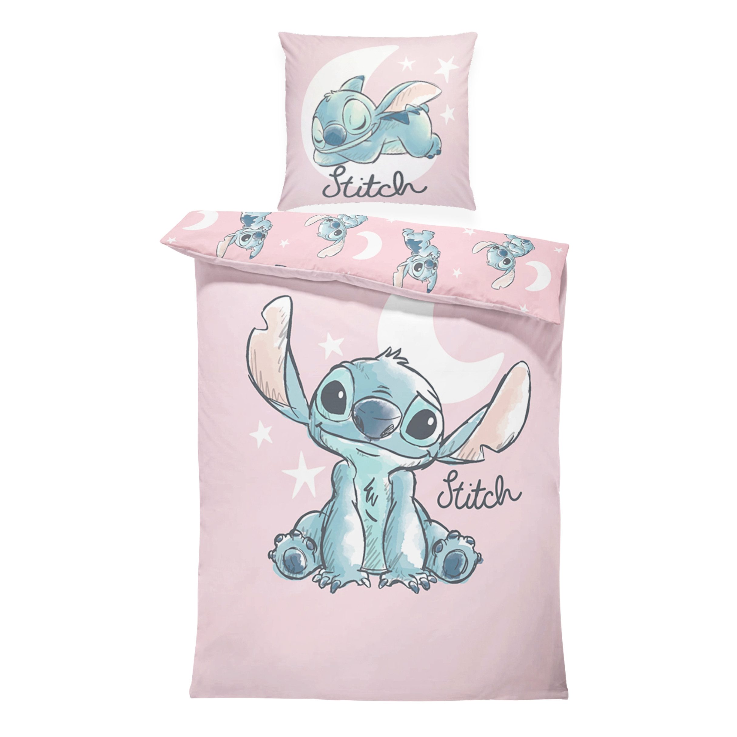 MTOnlinehandel Kinderbettwäsche Disney Lilo & Stitch „Moonlight“ 135x200 + 80x80 cm, Renforcé, 100% Baumwolle, 2 teilig, Mond- und Sternenmotiv – weich, hautfreundlich und pflegeleicht