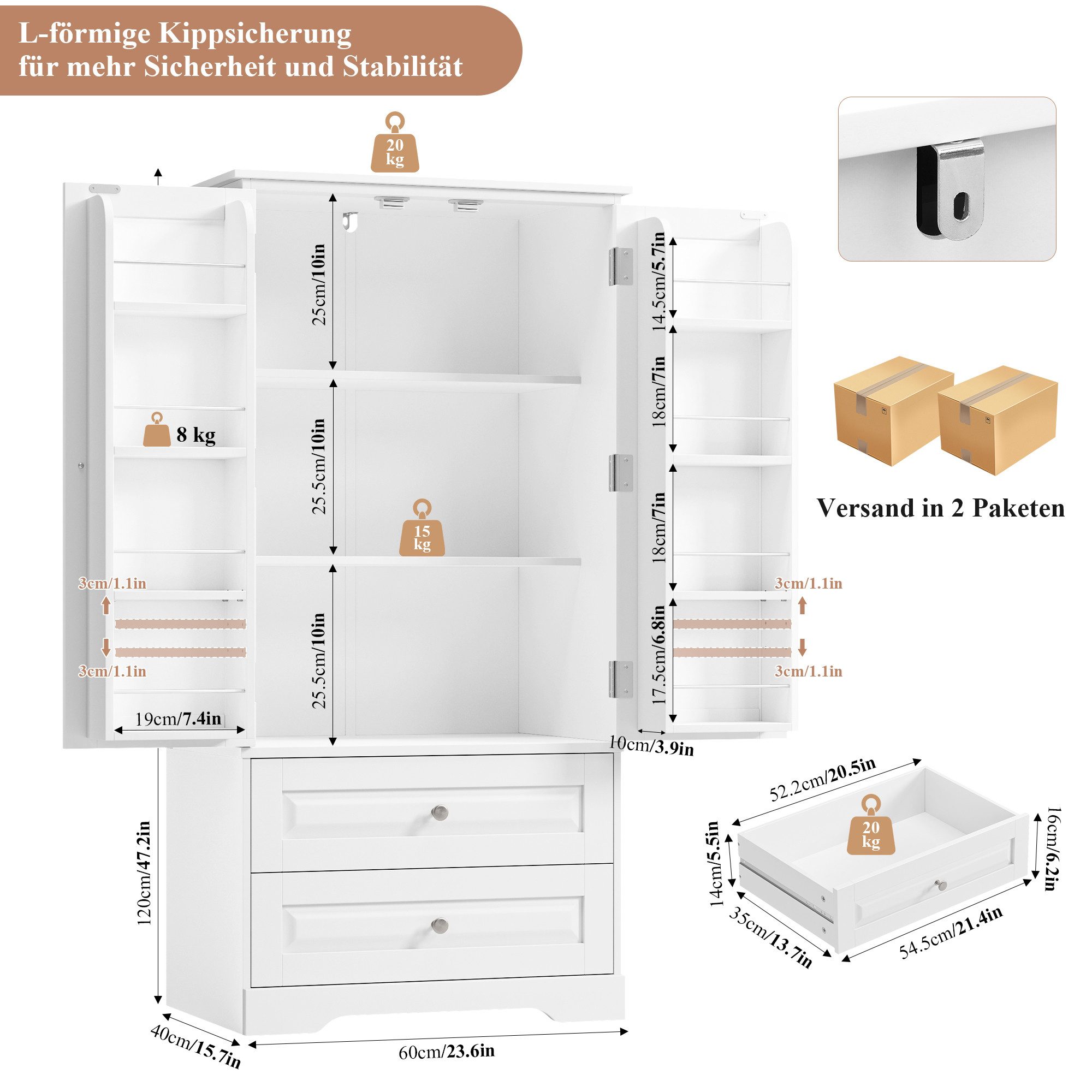 Homfa Mehrzweckschrank Küchenschrank Vorratsschrank Buffetschrank Speiseschrank mit 8 Türregalen, 2 Schubladen, 60x40x120cm