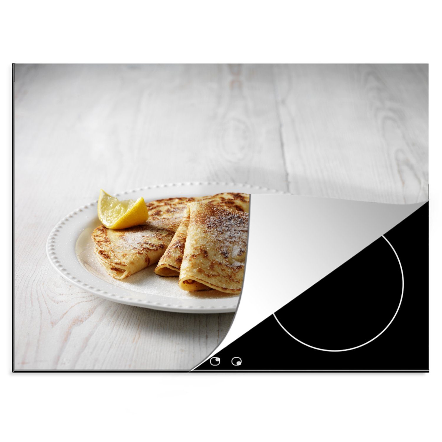 MuchoWow Herdblende-/Abdeckplatte Gefaltete Pfannkuchen mit Zucker und Zitrone, Vinyl, (1 tlg), 70x52 cm, Mobile Arbeitsfläche nutzbar, Ceranfeldabdeckung