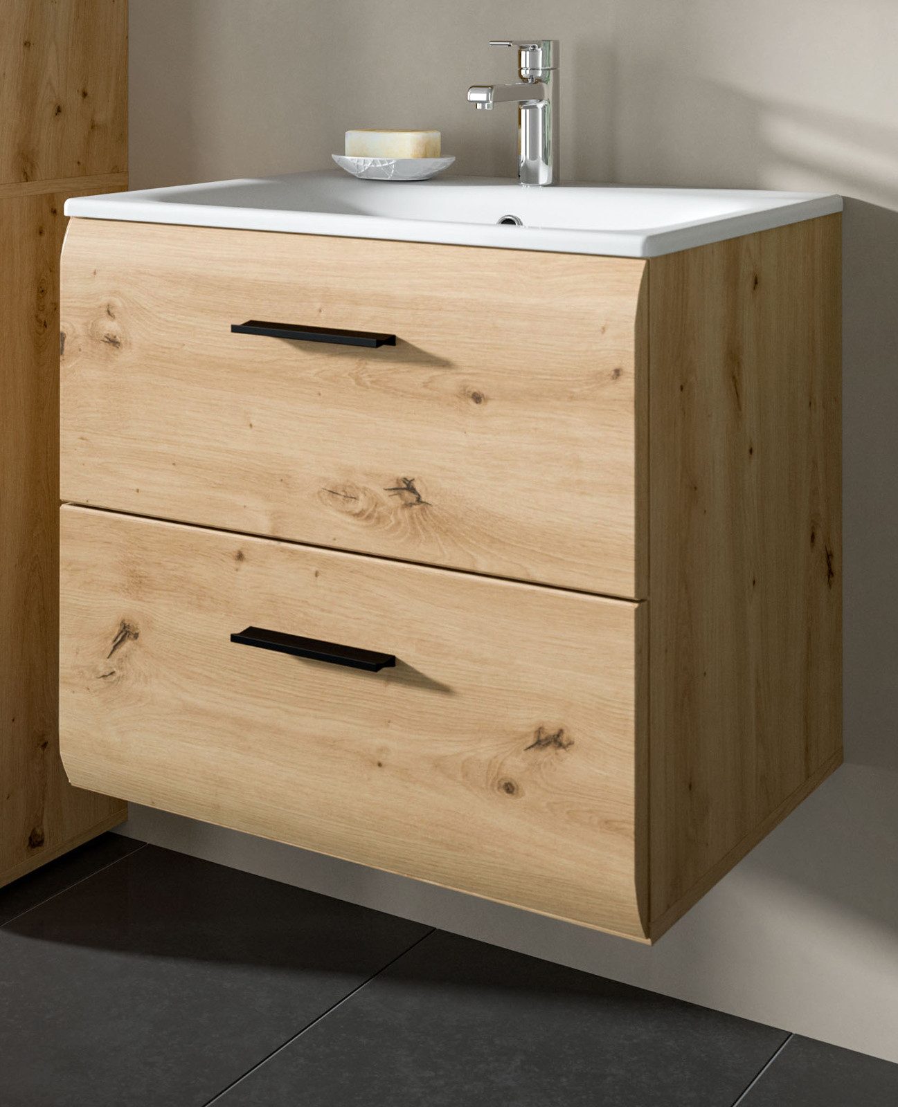 Inn.Furn Waschtisch Cover (Set inkl. Keramik Waschbecken, Eiche Artisan, Breite 60 cm), mit Vollauszug Schubkästen