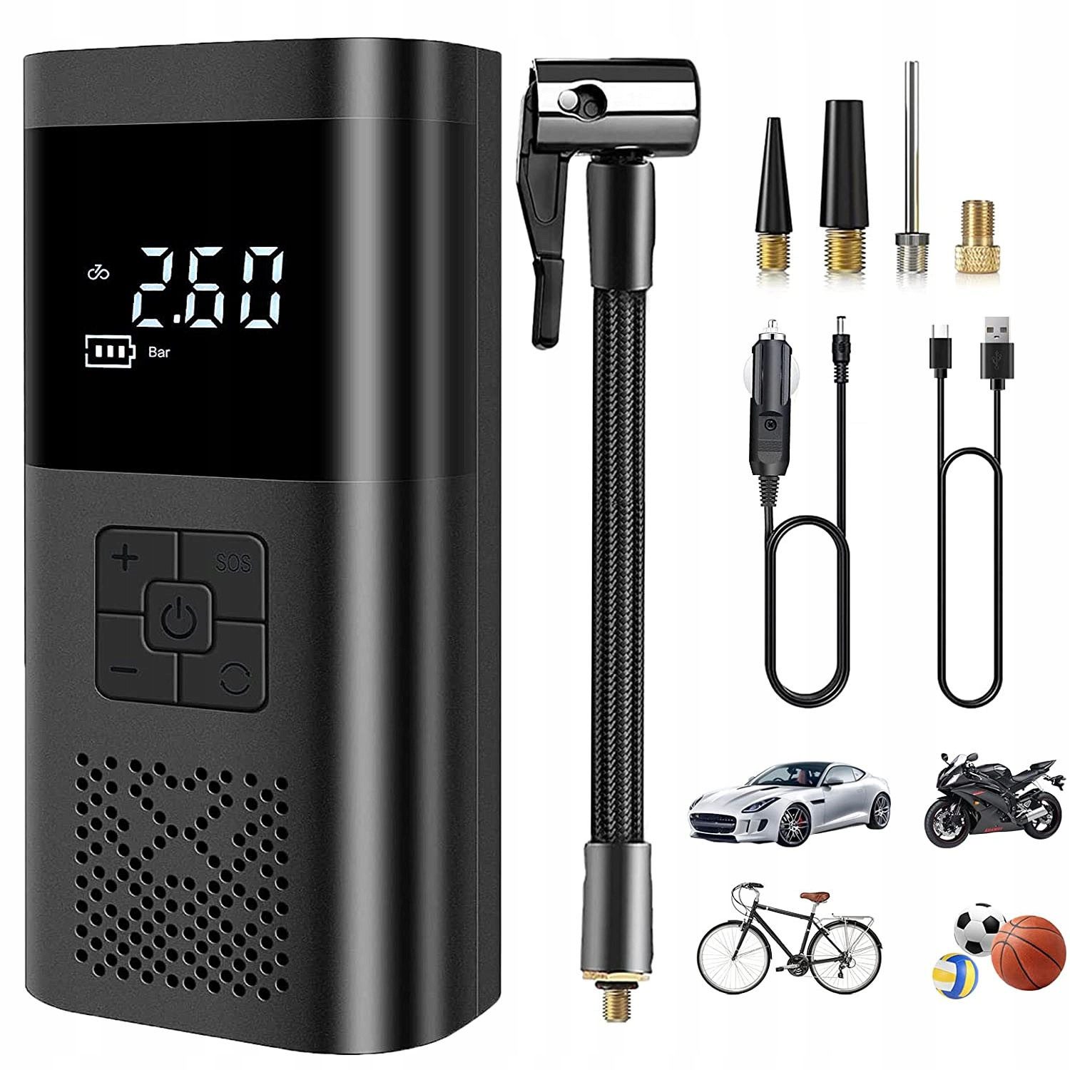 TWUFY Akku-Handkompressor Elektrische Luftpumpe 150 PSI Digital 2000mAh mit LED-Licht, für Auto, Fahrrad und mehr, 1-tlg., Tragbare Luftpumpe mit Zubehör und LED-Licht, vielseitig einsetzbar, Automatische Abschaltung bei voreingestelltem Druckwert