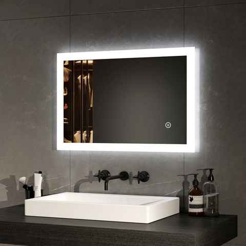 EMKE Badspiegel LED Badspiegel Badezimmerspiegel mit Beleuchtung (Vertikal und Horizontal möglich, Touch-schalter, Wandschalter), Kaltweißlicht Beschlagfrei IP44