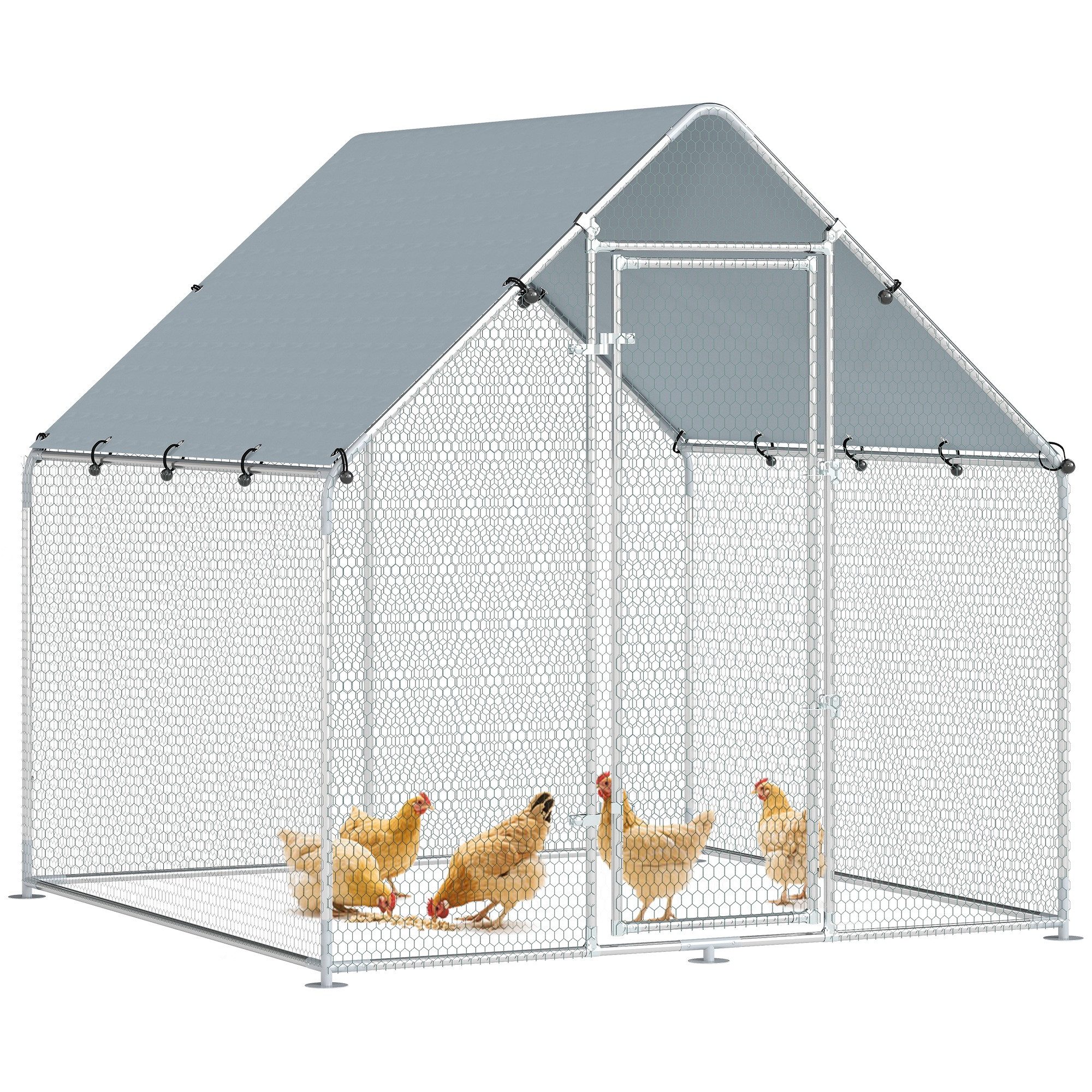 PawHut Hühnerstall Hühnergehege mit wetterfester UV-Dachabdeckung abschließbarer Tür, aus Verzinkter Stahl, für Kaninchen, Enten, Gänse, 2x2x2 m, Silber