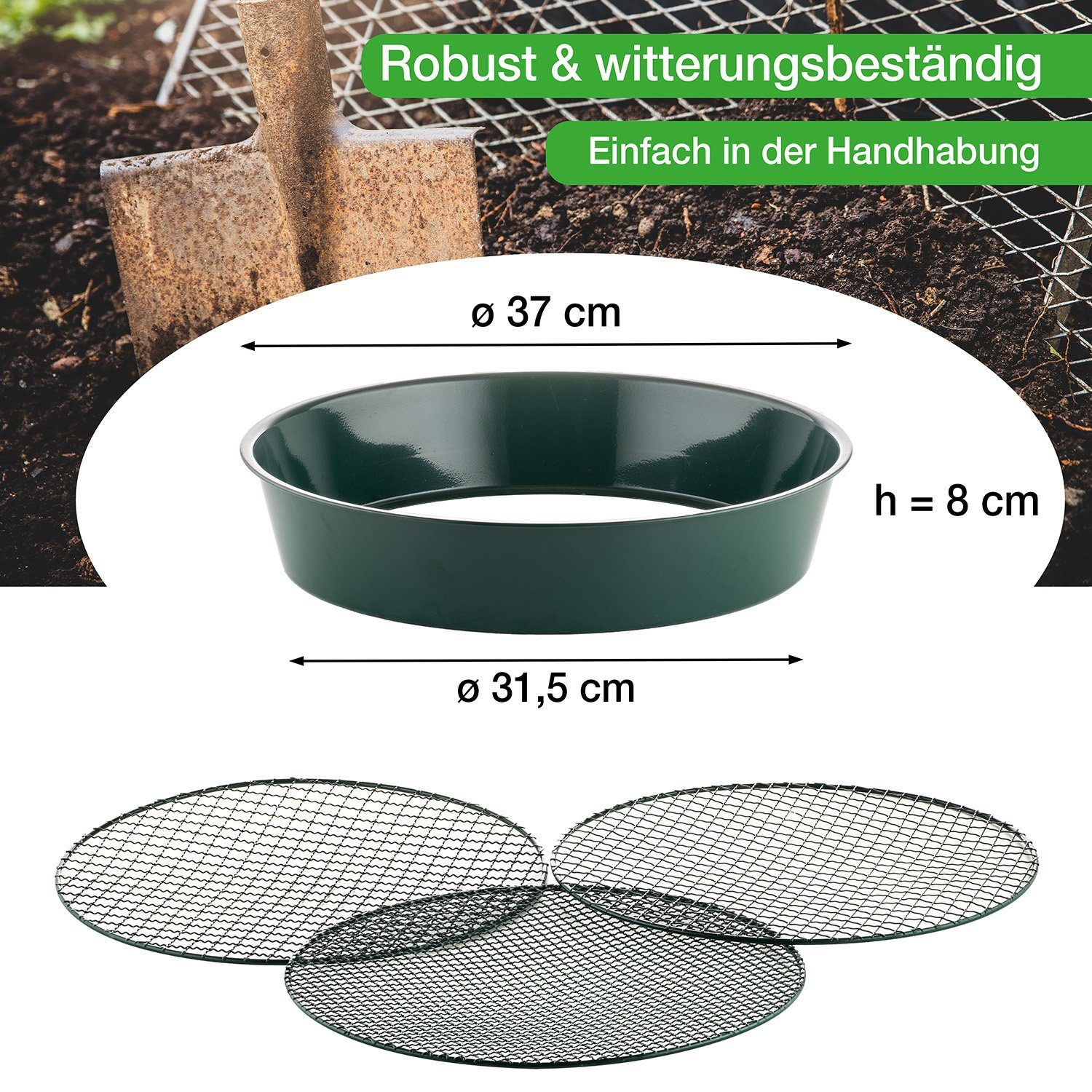 BigDean Gartensieb Metall fein bis grob inkl. 3 austauschbarer Siebeinsätze Erdsieb, Metall, (Set, 2-St., Gartensieb), Dreierlei Einsätze, Vielseitig Einsetzbar – Bild 5 von 5
