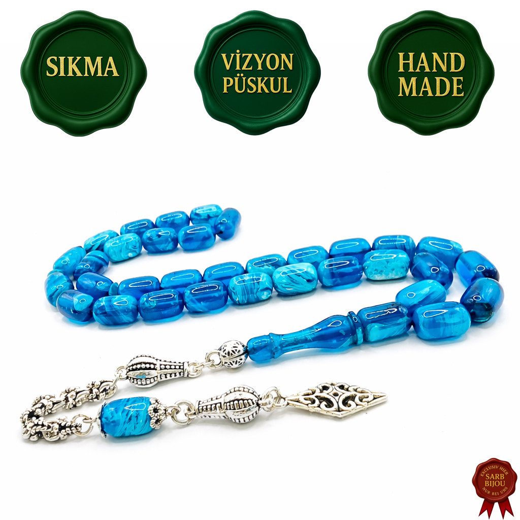 M-Punkt24 Kettenanhänger Tesbih Tespih Sıkma Vizyon Püskül Silberfarbig (Schwarz-Weiß-Transparent / Siyah-Beyaz-Seffaf, Kapsül, Gebetskette, Rosary, Misbah, Subha), mit VIZYON Püskül