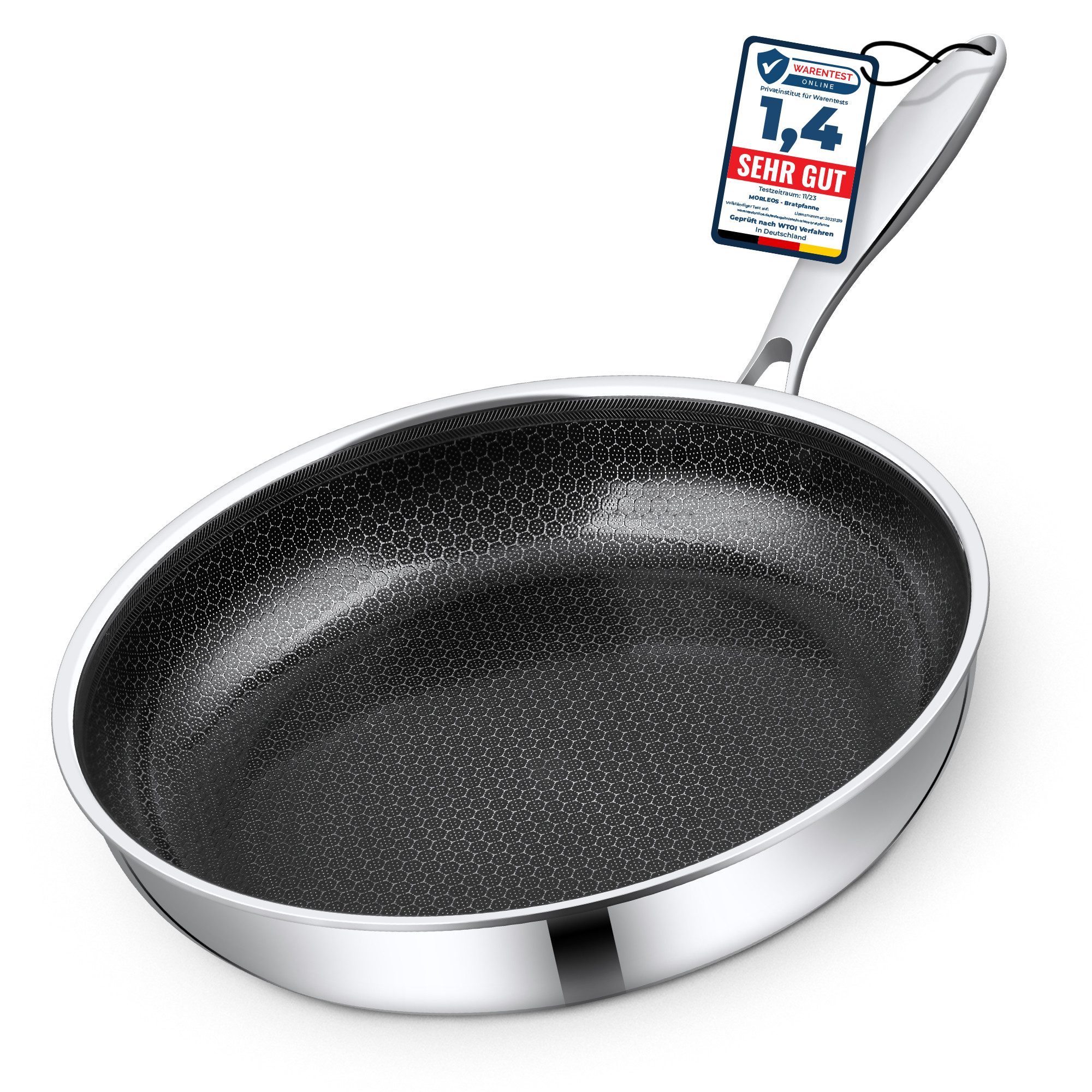 Morleos Bratpfanne Keramikpfanne Ø 24cm Kratzfeste Wabenpfanne Antihaft, Edelstahl (1-tlg., Pro Performance 3.0), 5-Schicht, 3mm, 1kg, backofenfest, spülmaschinengeeignet, Antihaft