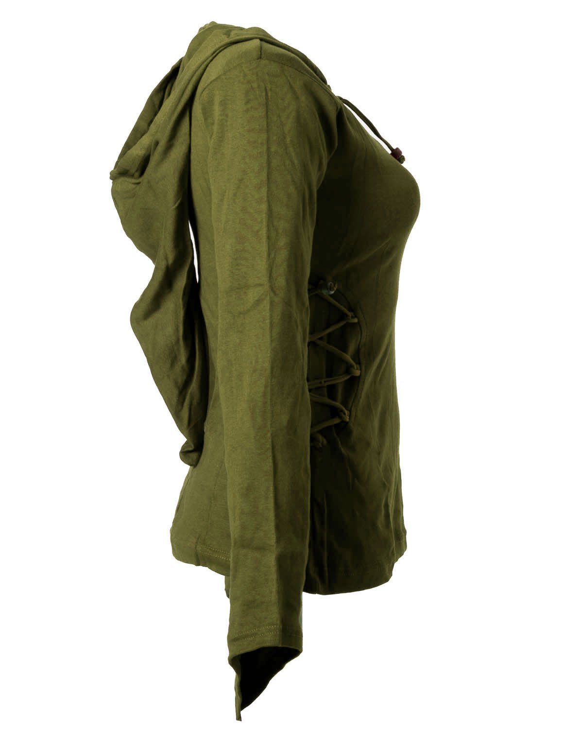 Gothik und Elfenshirt Style olive Kapuzenshirt Bändern zum Vishes Zipfelkapuze Ethno, Schnüren Hoody,