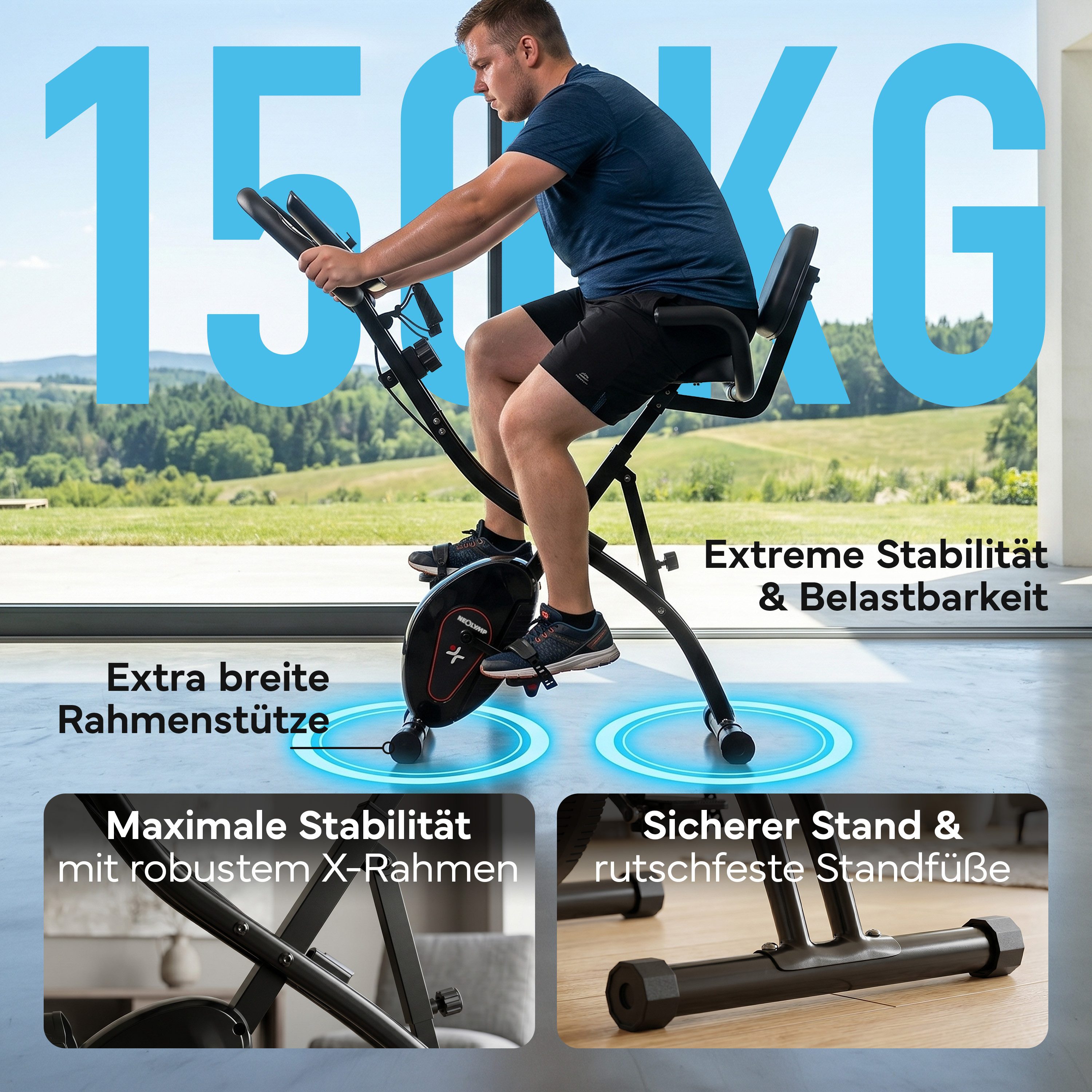 NEOLYMP Heimtrainer Fahrrad Klappbar - leises Cardio-Training bis 135 kg Indoor Bike (Trimmrad Fitnessbikes Senioren extra stabild & wackelfrei), Hometrainer Fahrrad - 8 Stufen, Pulsmesser, Tablet-Halter
