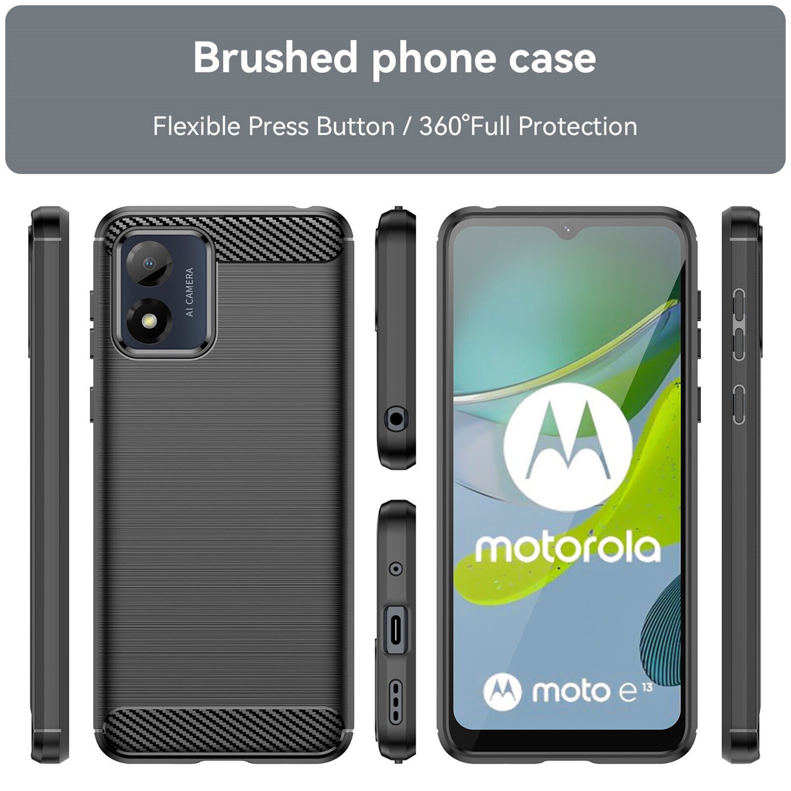 betterfon Handyhülle Carbon Hülle für Motorola Moto E13 Backcover TPU Silikon Schwarz, Carbon-Look – stoßfestes Case mit Air-Cushion & Metall-Optik