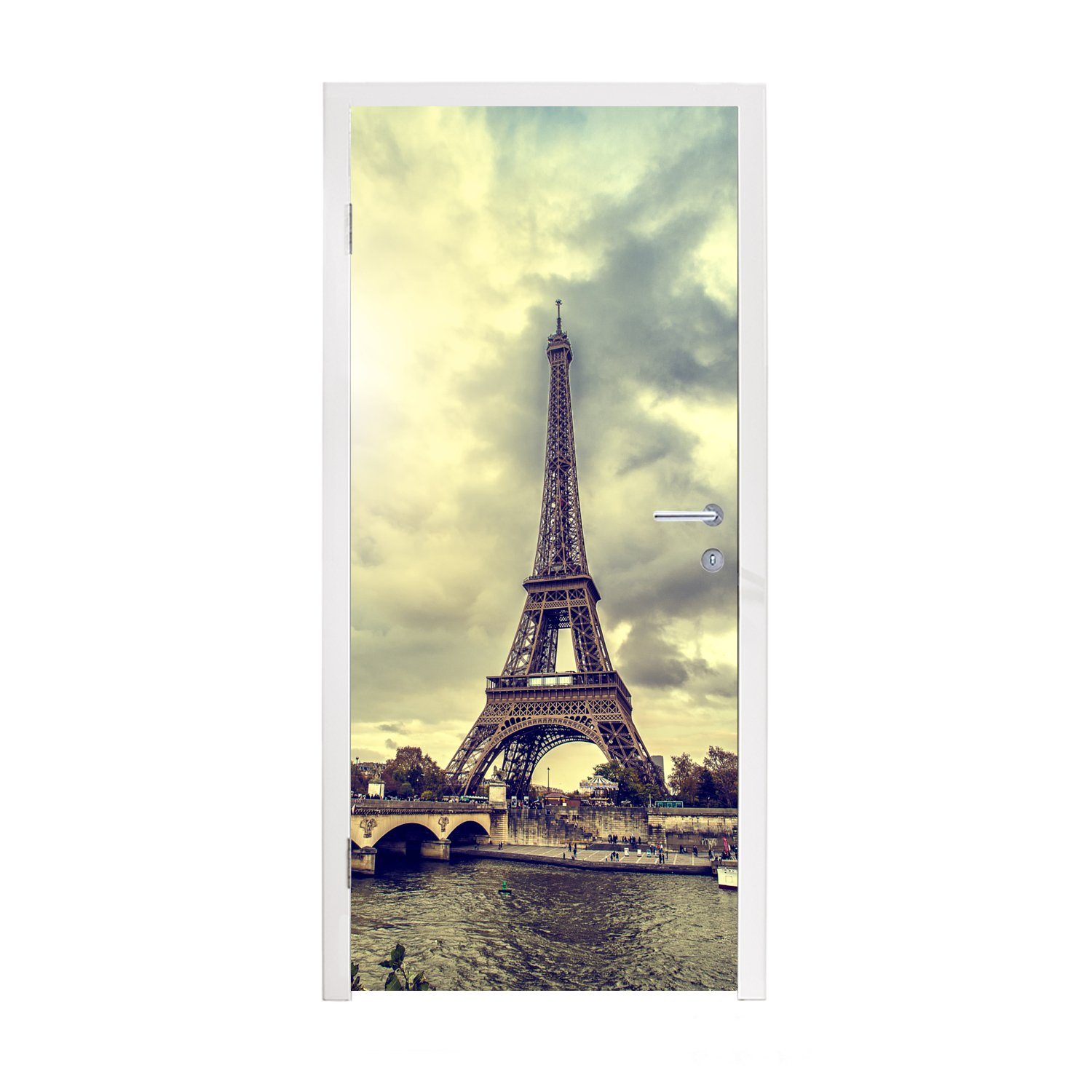 MuchoWow Türtapete Wasserblick auf den Eiffelturm und Paris, Matt, bedruckt, (1 St), Fototapete für Tür, Türaufkleber, 75x205 cm