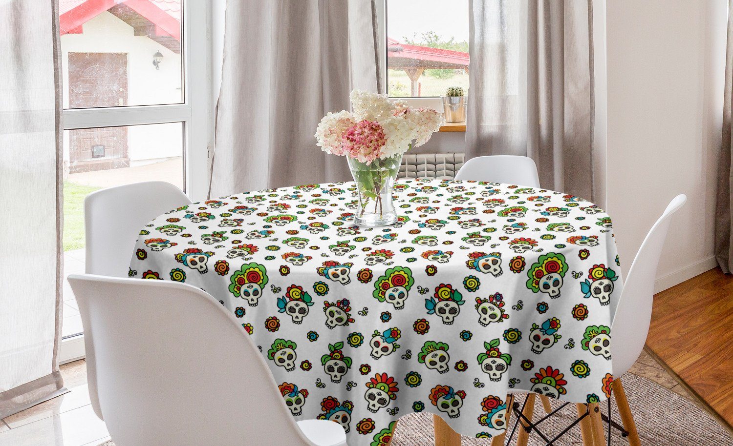 Abakuhaus Tischdecke Kreis Tischdecke Abdeckung für Esszimmer Küche Dekoration, Mexikaner Toten Zuckerschädel-Blumen