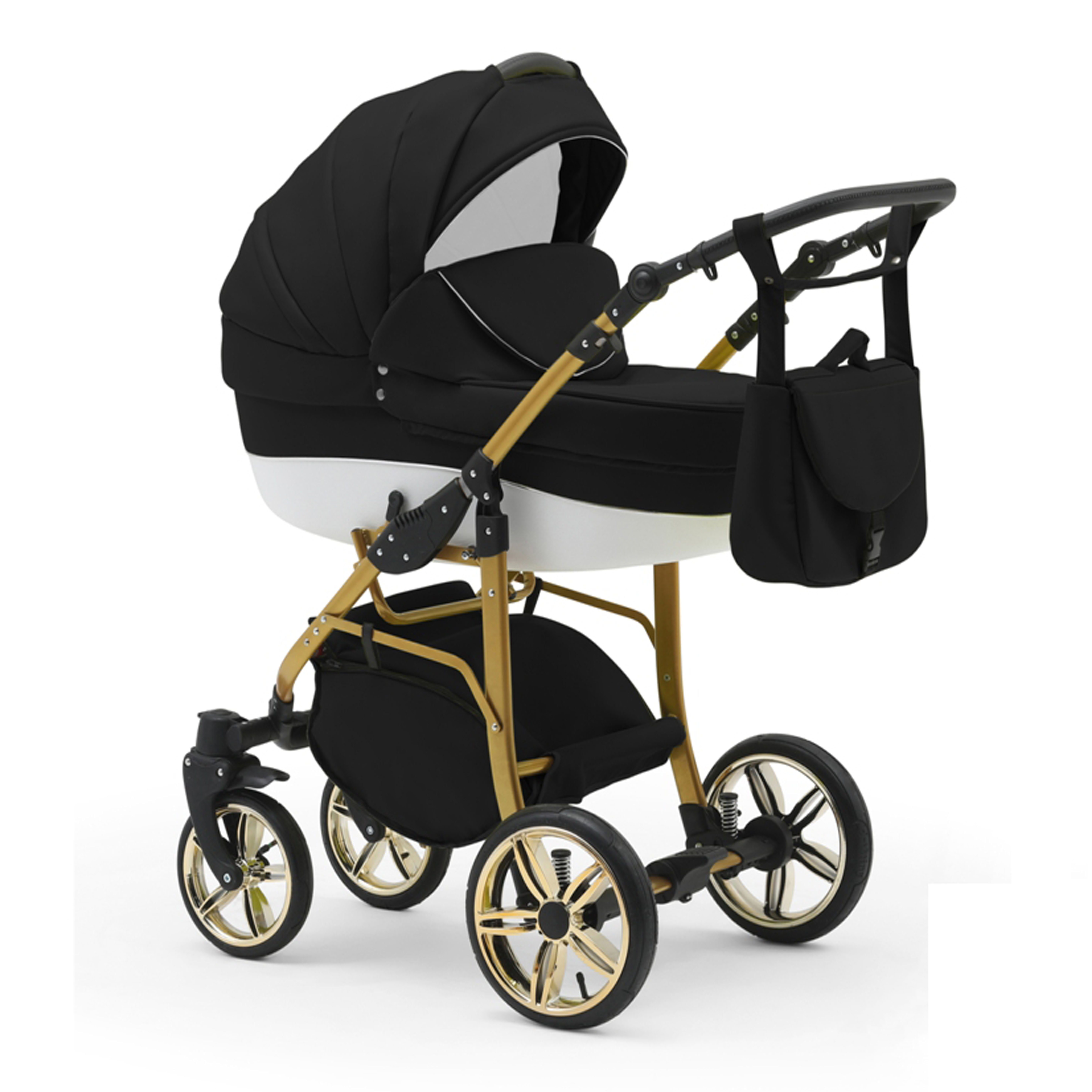 babies-on-wheels Kombi-Kinderwagen 2 in 1 Kinderwagen-Set Cosmo Gold - 13 Teile - in 46 Farben Schwarz-Weiß