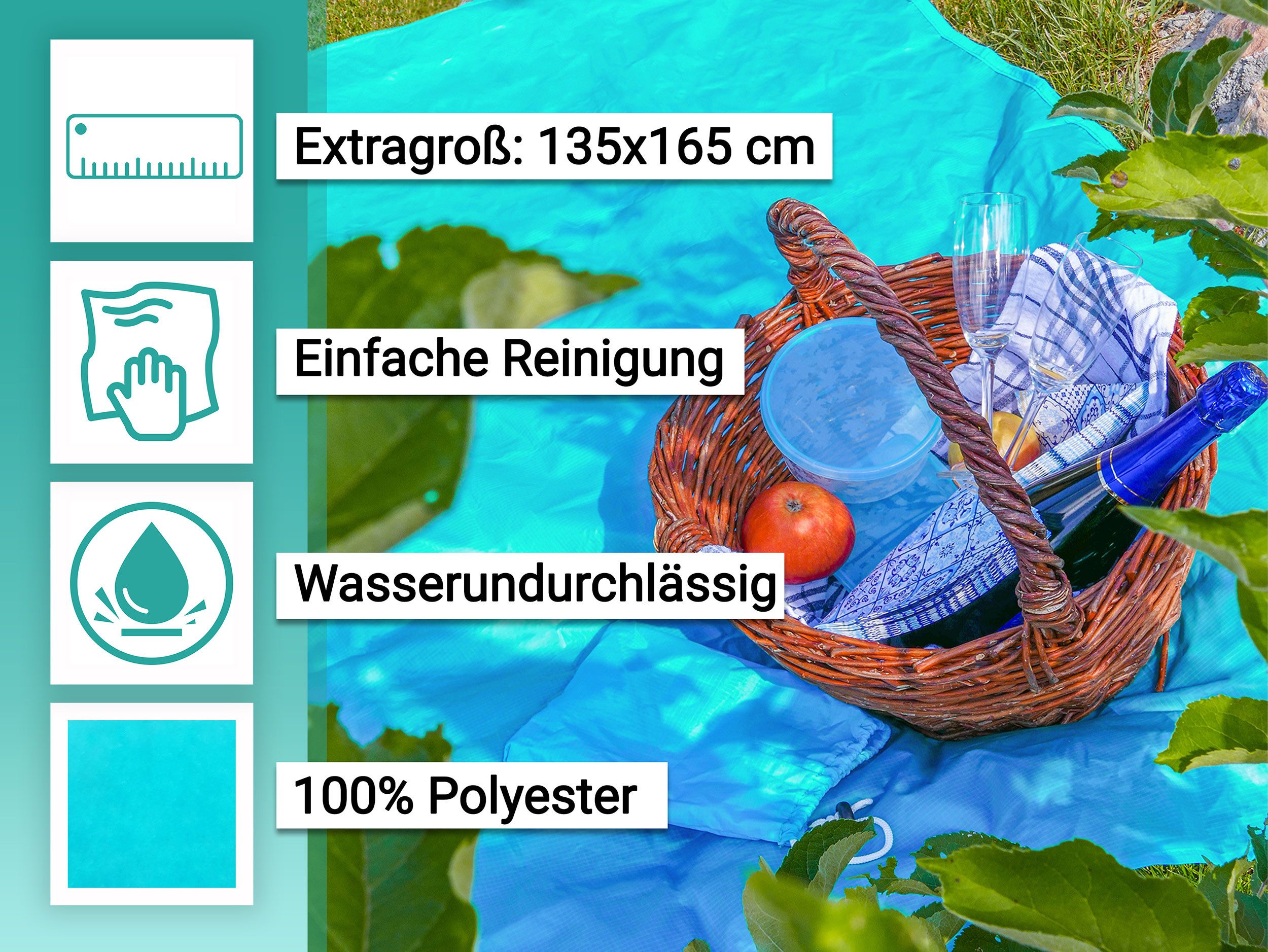 Picknickdecke, ZOLLNER, 135 x 165 cm, 100% Polyester, wasserabweisend, praktische Tragetasche