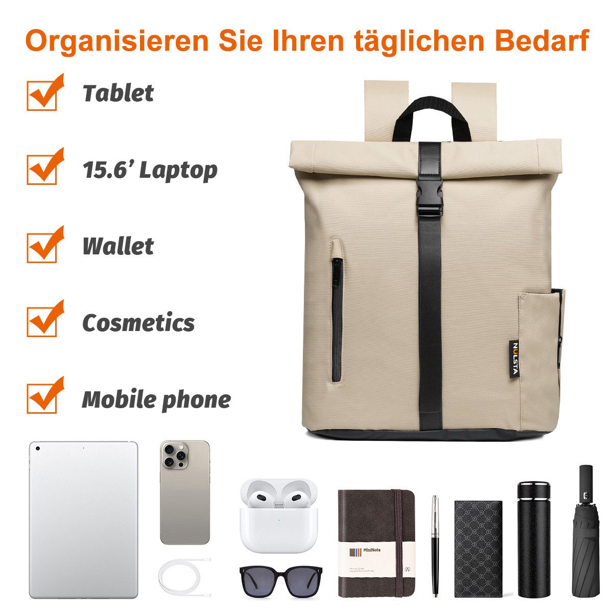 NULSTA Rucksack Rolltop Rucksack Wasserdicht Damen & Herren Daypack Freizeitrucksack, 30*15*40cm,Cityrucksack,Tourenrucksack,Schulrucksack
