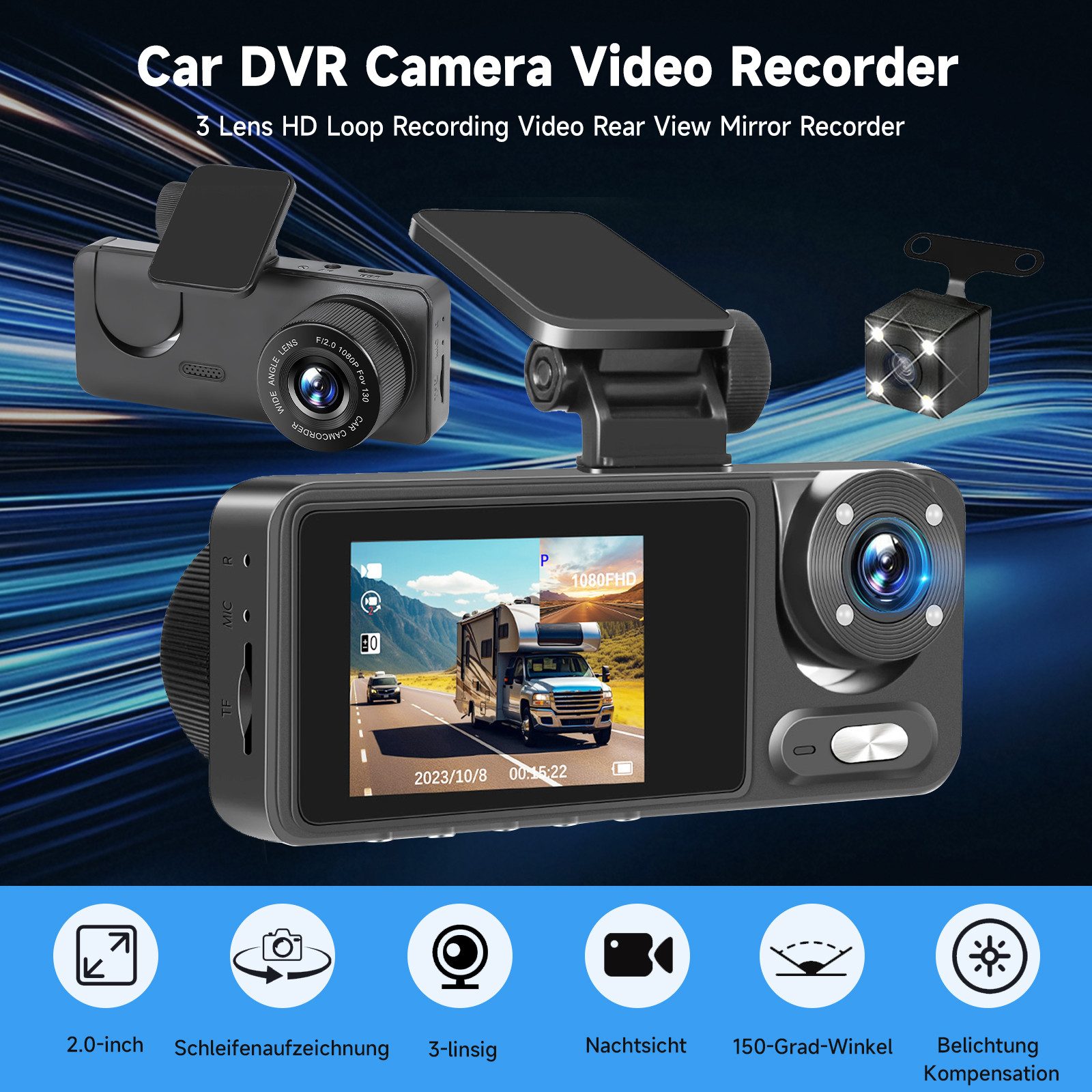 Hikity Dashcam Auto 3" 1080P Full HD Autokamera mit Nachtsicht und G-Sensor Dashcam (HD, DVR)