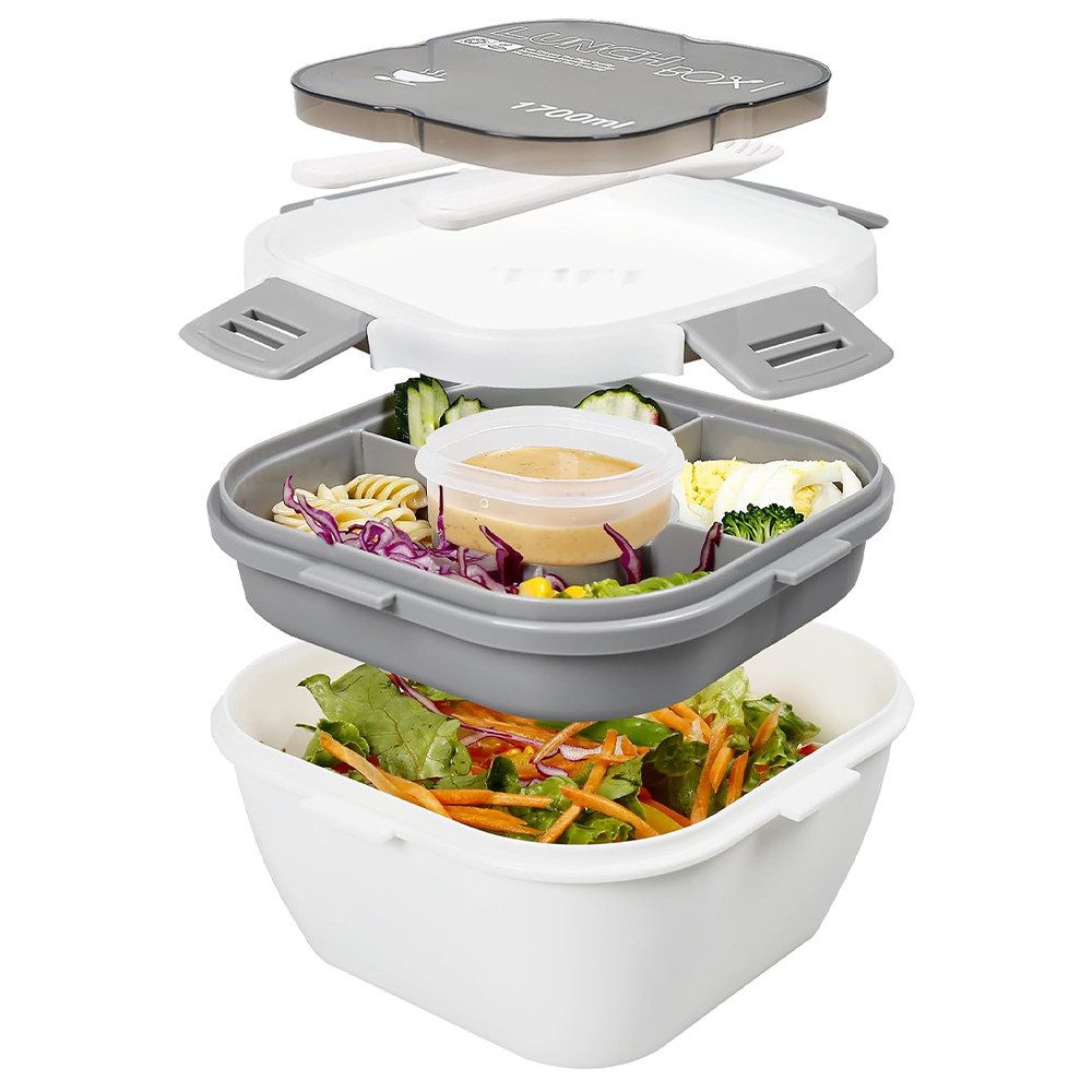 YVMOOEC Lunchbox Auslaufsichere Bento Box mit Besteck, Salatbehälter, Dressingbehälter, (Weiß, 1700ML), 3 Fächer Salatbox-to-go für Schule,Arbeit,Picknick, Reisen,Camping
