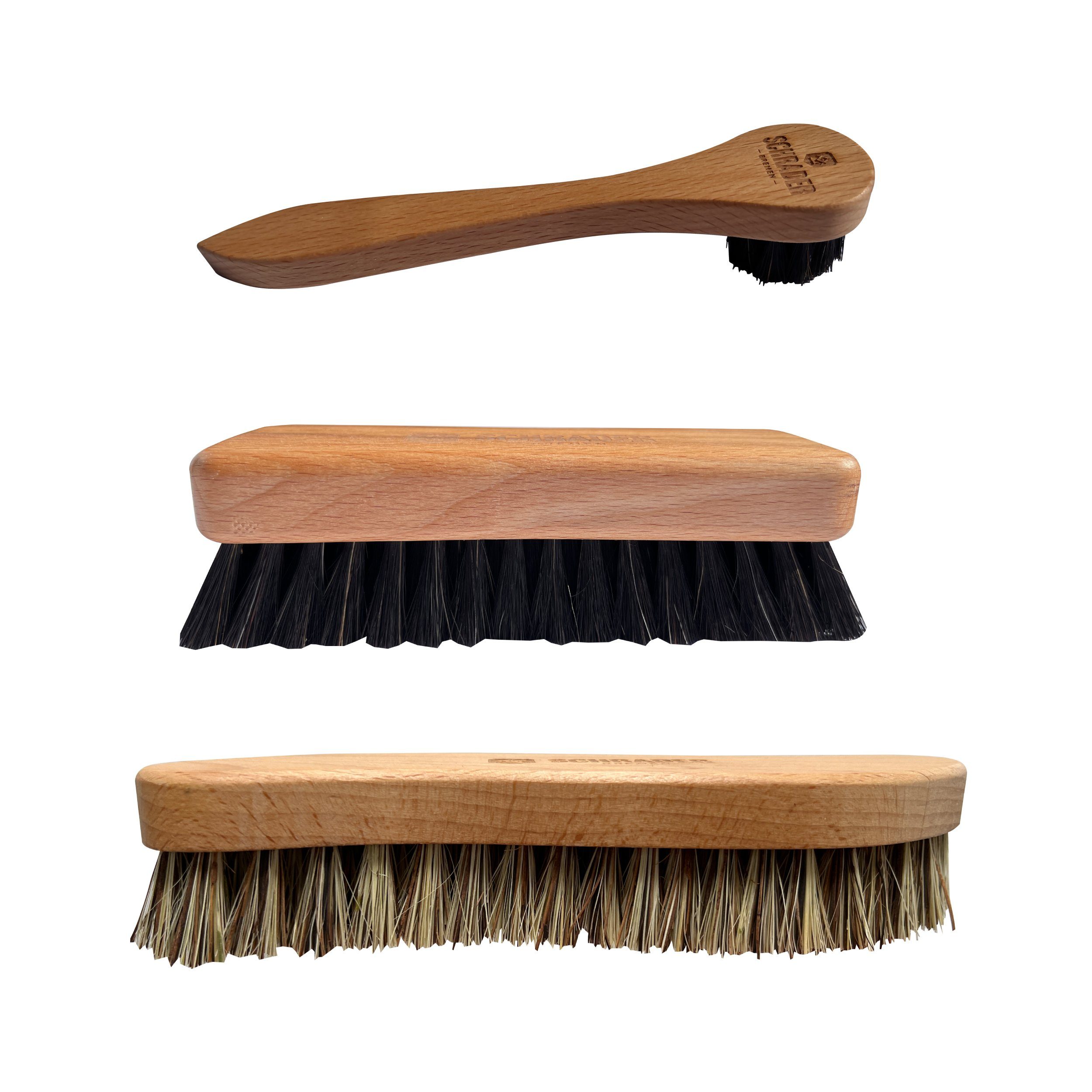 Schrader Schuhputzbürste Schuhbürsten-Set - 3 Bürsten, Reinigungsbürsten aus Buchenholz zur Schuhpflege - Made in Germany