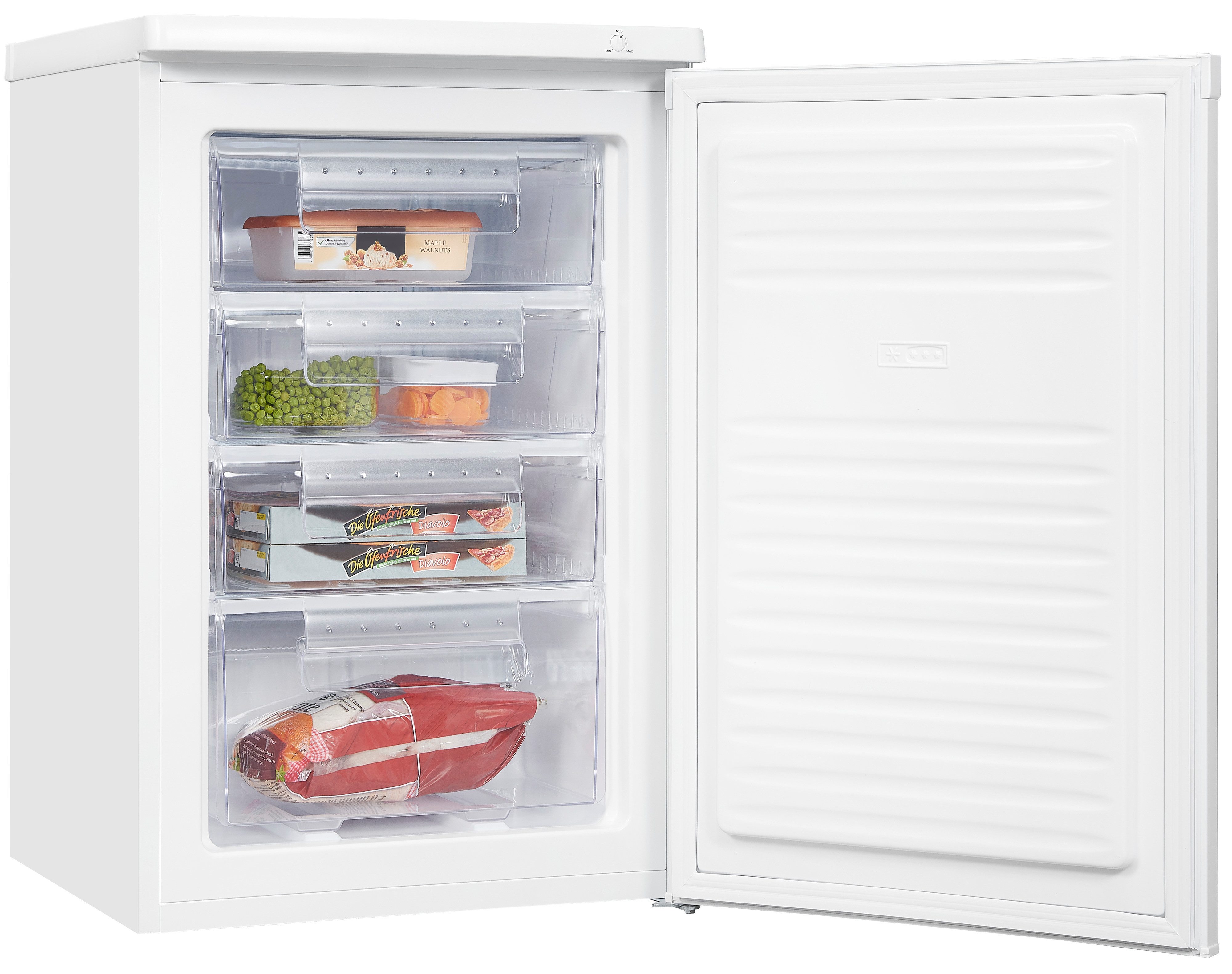 exquisit Gefrierschrank GS80-040E weiss, 85,5 cm hoch, 55 cm breit, 4*-Gefrierschrank mit ergonomischer Griffmulde – bequem zu öffnen