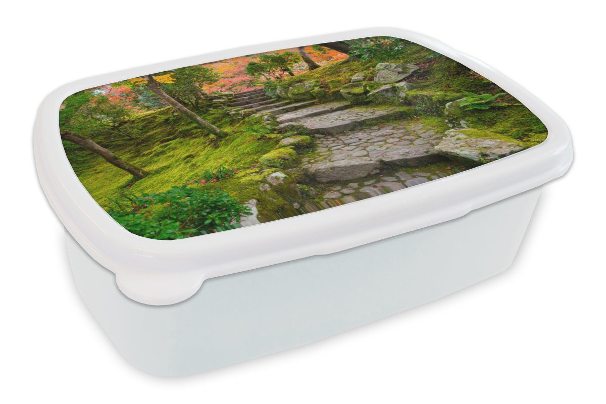 MuchoWow Lunchbox Natur - Steine - Kröte - Moos - Japanisch, Kunststoff, (2-tlg), Brotbox für Kinder und Erwachsene, Brotdose, für Jungs und Mädchen weiß