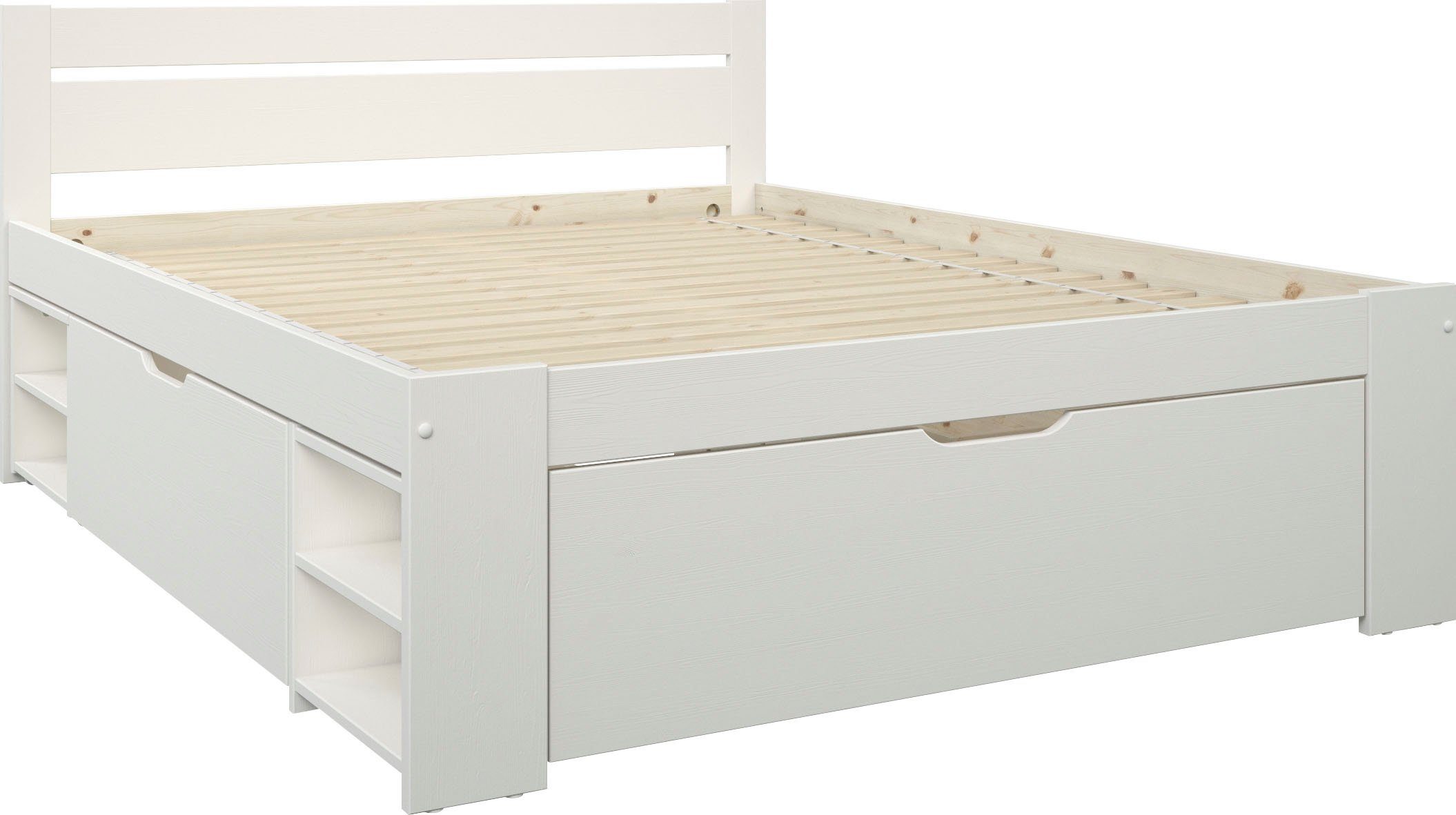 OTTO home Massivholzbett "HANNES " mit Schubladen und Regalen, Nachtschrank ausziehbar, stabil, FSC®-zertifiziertes Kiefernholz, ideal für kleine Räume