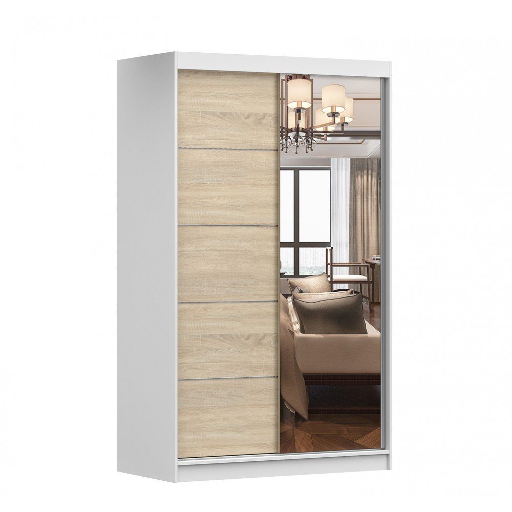 MOEBLO Kleiderschrank NOAH 05 (mit Spiegel Schwebetürenschrank 2-türig Schrank mit vielen Einlegeböden und Kleiderstange, Gaderobe Schiebtüren Schlafzimmer-Wohnzimmerschrank Modern Design), (BxHxT): 120x200x61 cm Weiß + Sonoma