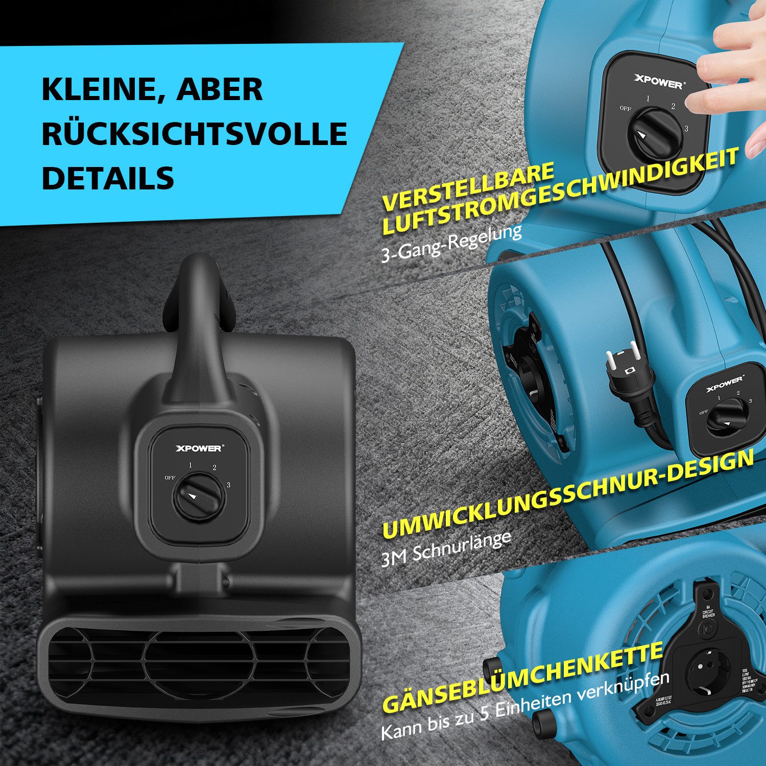 XPOWER Standventilator Bodenlüfter Turbolüfter Ventilator Trockner Bodenventilator Fußbläser, P-80A,29.2x23.6x31.2cm, TRAGBAR, SCHNELLER PUMP, Einfache Bedienung