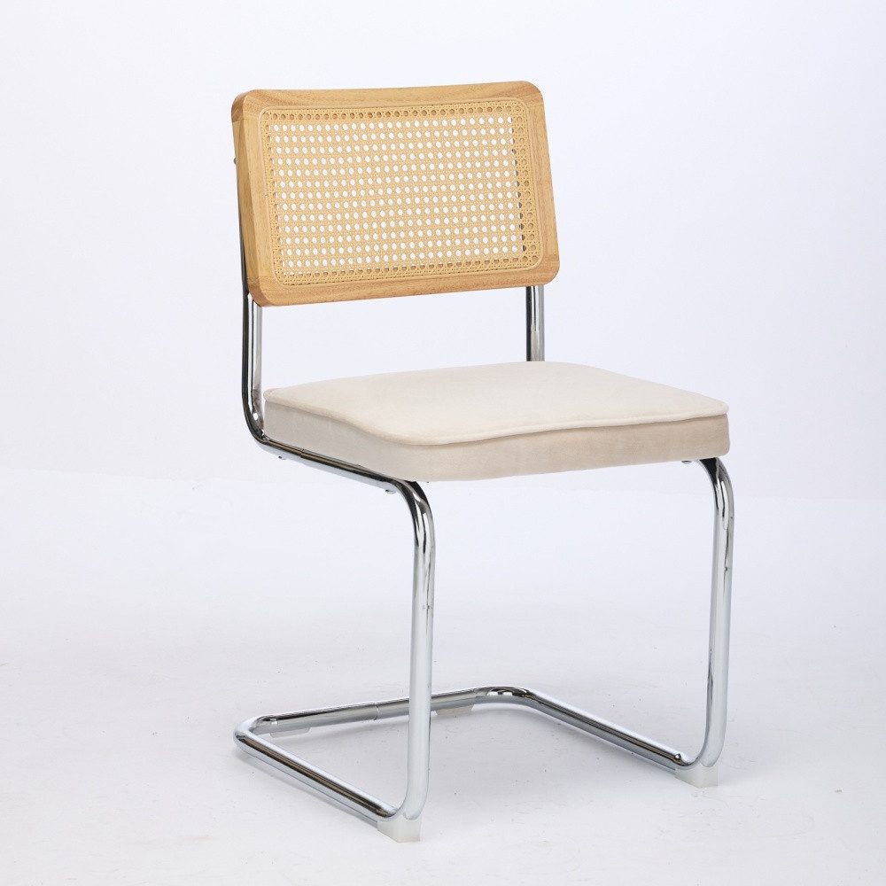 BBWL Polsterstuhl 2er Set Samt Rattan Freischwinger Stuhl mit Chromgestell, Mid Century Dining Chair