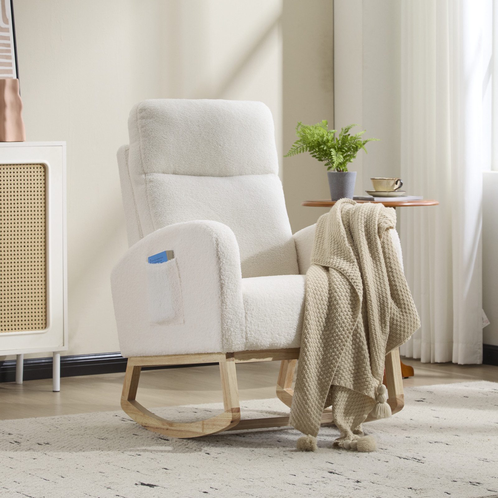 Vankel Schaukelstuhl Schaukelstuhl mit Teddy-Stoff und ergonomischer Rückenlehne, Bequemer Relaxsessel mit weicher Polsterung für Wohnzimmer