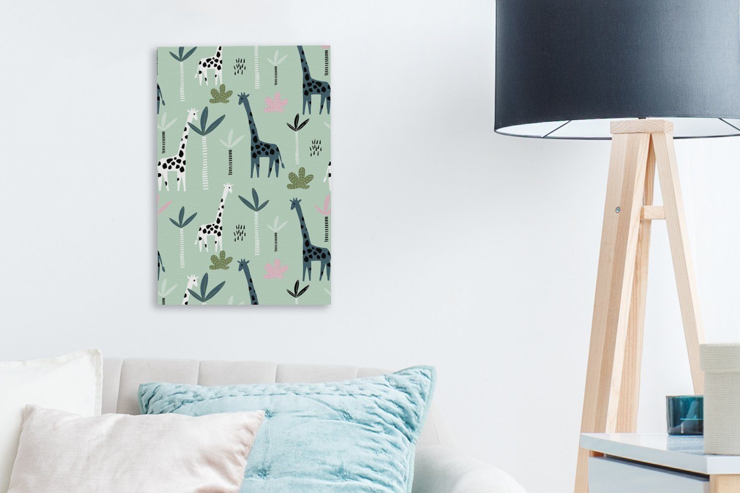 OneMillionCanvasses® Leinwandbild Giraffe - Baum Zackenaufhänger, St), Grün, (1 fertig inkl. Gemälde, cm - 20x30 Leinwandbild bespannt