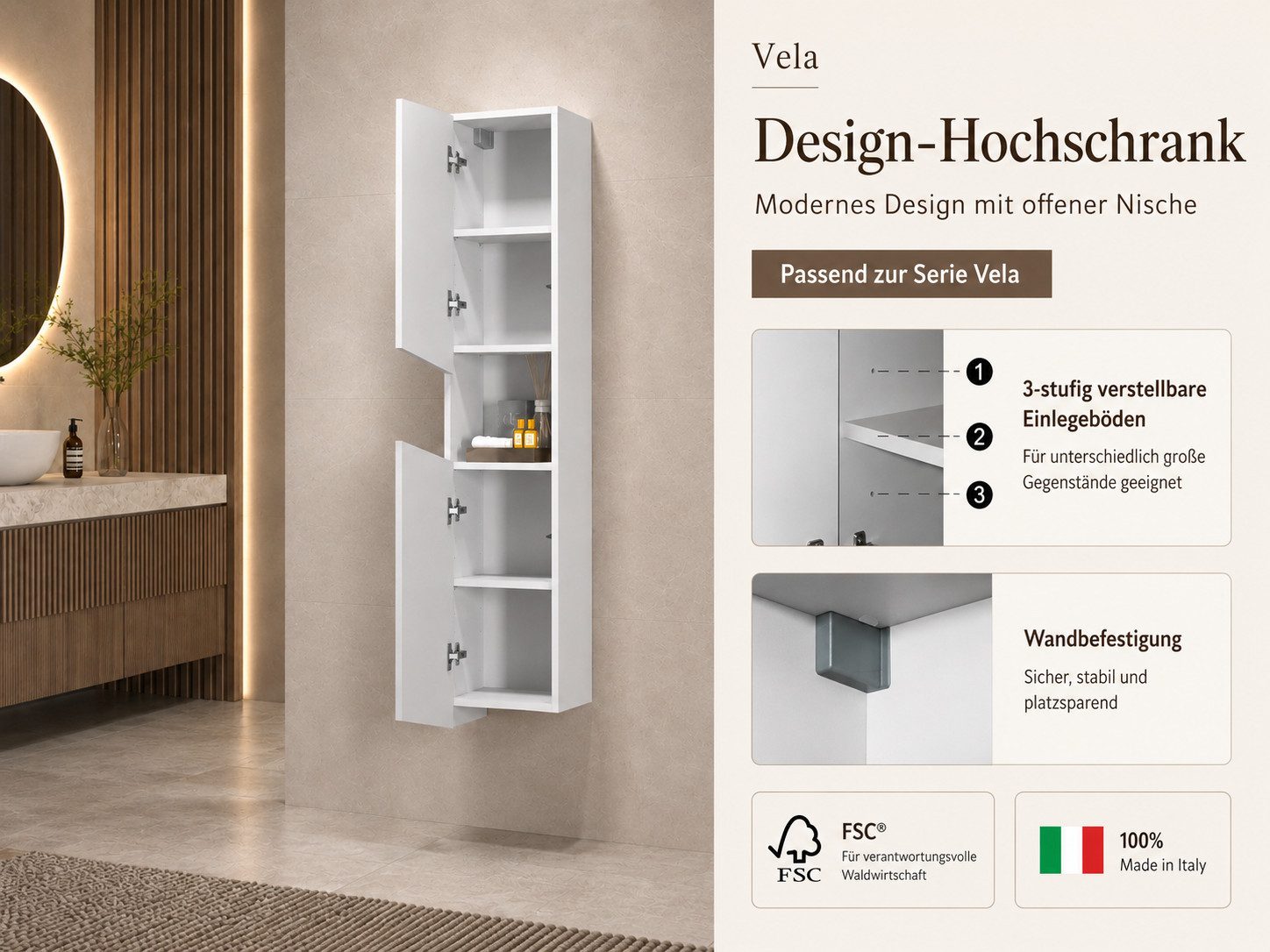 welltime Hochschrank Vela, Hochschrank, Badschrank schmal, Badezimmerschrank, hängend (1-St) Breite 30 cm, 2 hochglanzlackierte Türen, 5 verstellbare Fächer