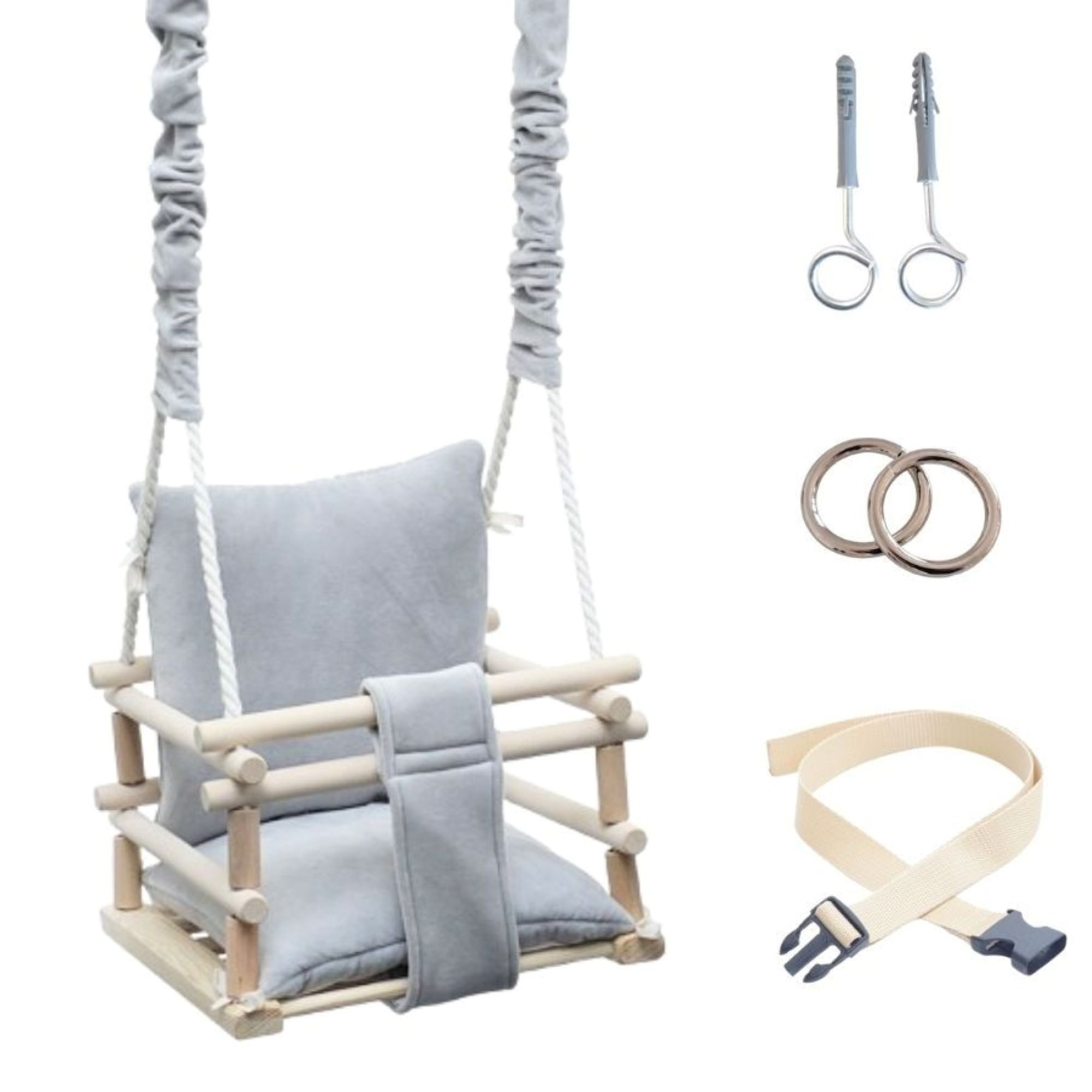 LuMali Babyschaukel Babyschaukel 3in1 Holz Sicherheitsgurt drinnen draußen 34x34x28cm, Kinderschaukel Naturholz Kiefer weich verstellbar 6-36 Monate