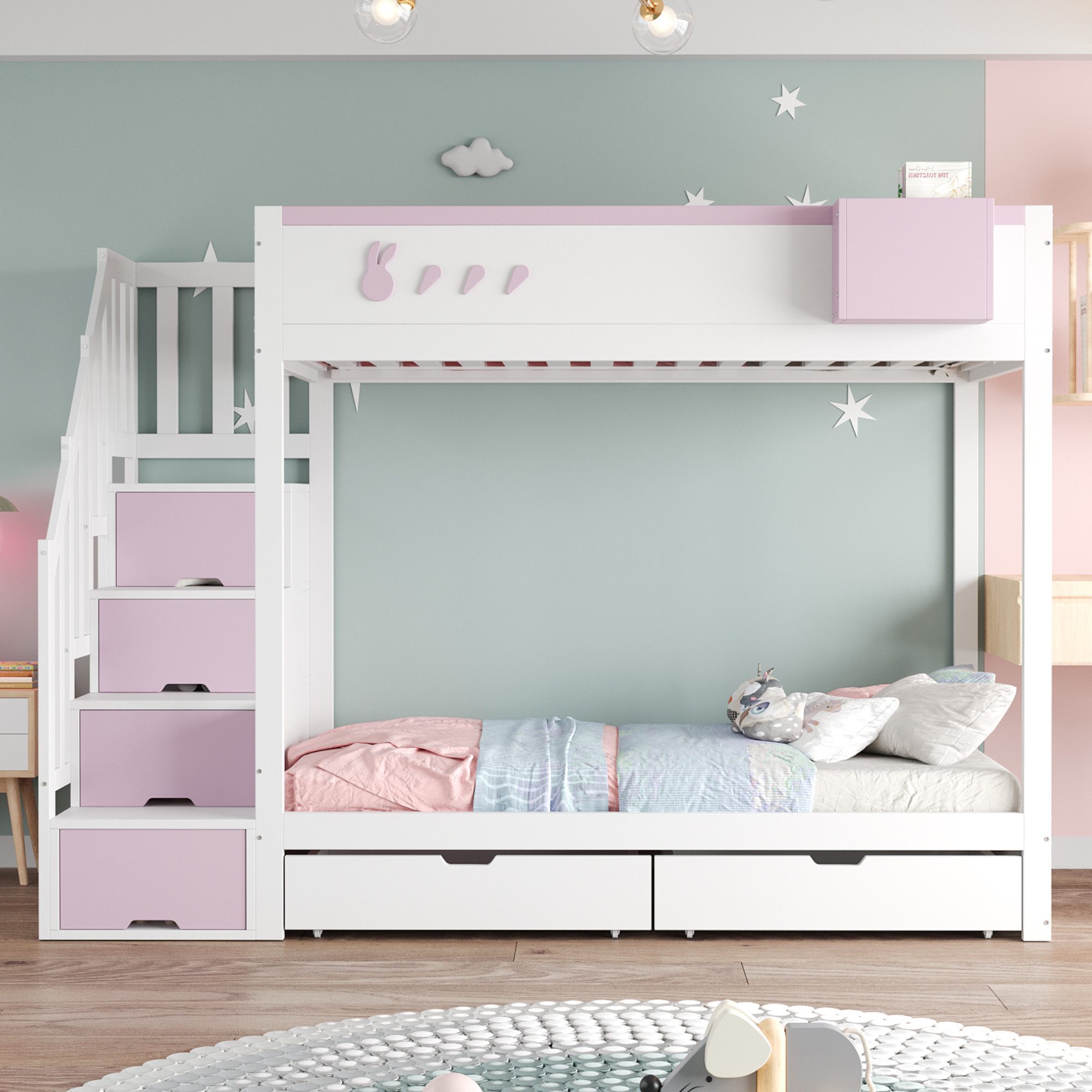REDOM Etagenbett abnehmbarem Ablagefach, Sicherheitsleiter, Schubladen und Lattenrost (mit Kaninchen- & Karottenmotiven, Kinderbett Holzbett 90×200 cm), ohne Matratze