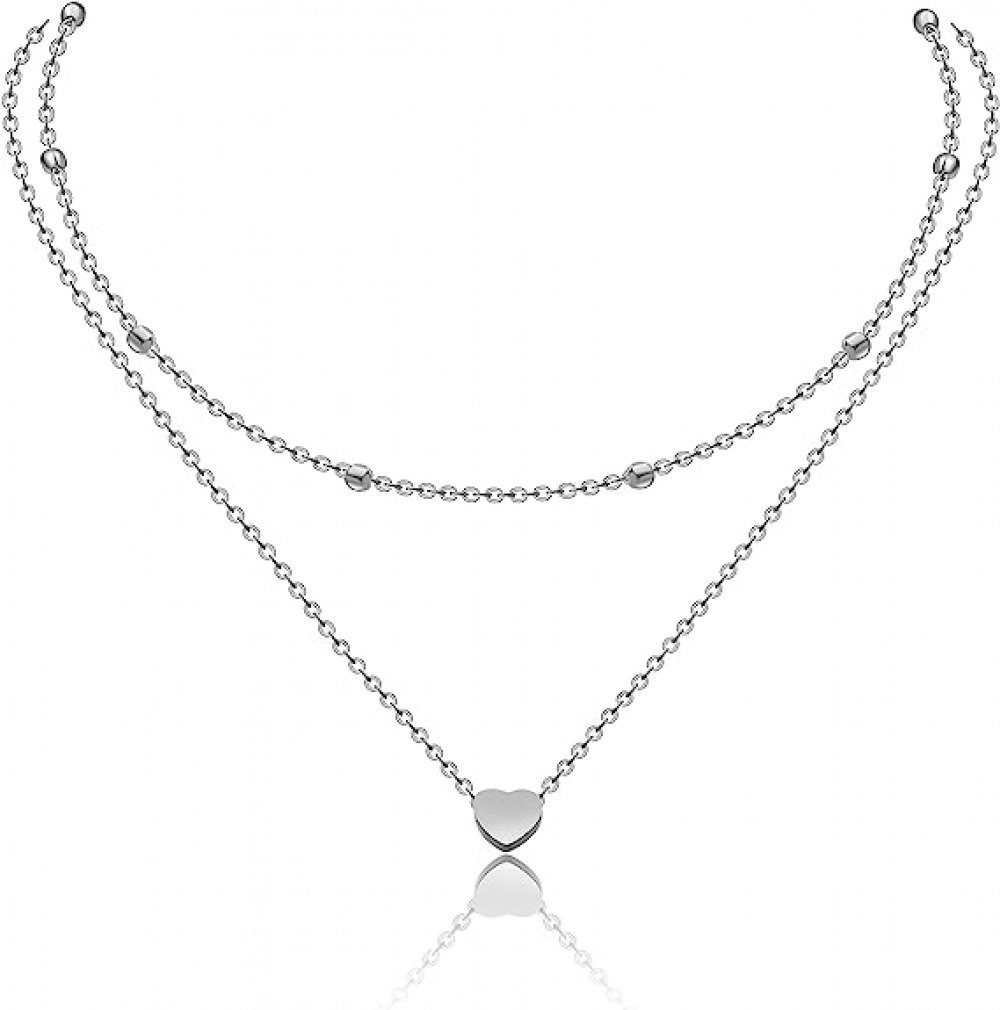 WaKuKa Charm-Kette Mehrschichtige Halskette für Damen, Kugelkette mit Herzform silbrig