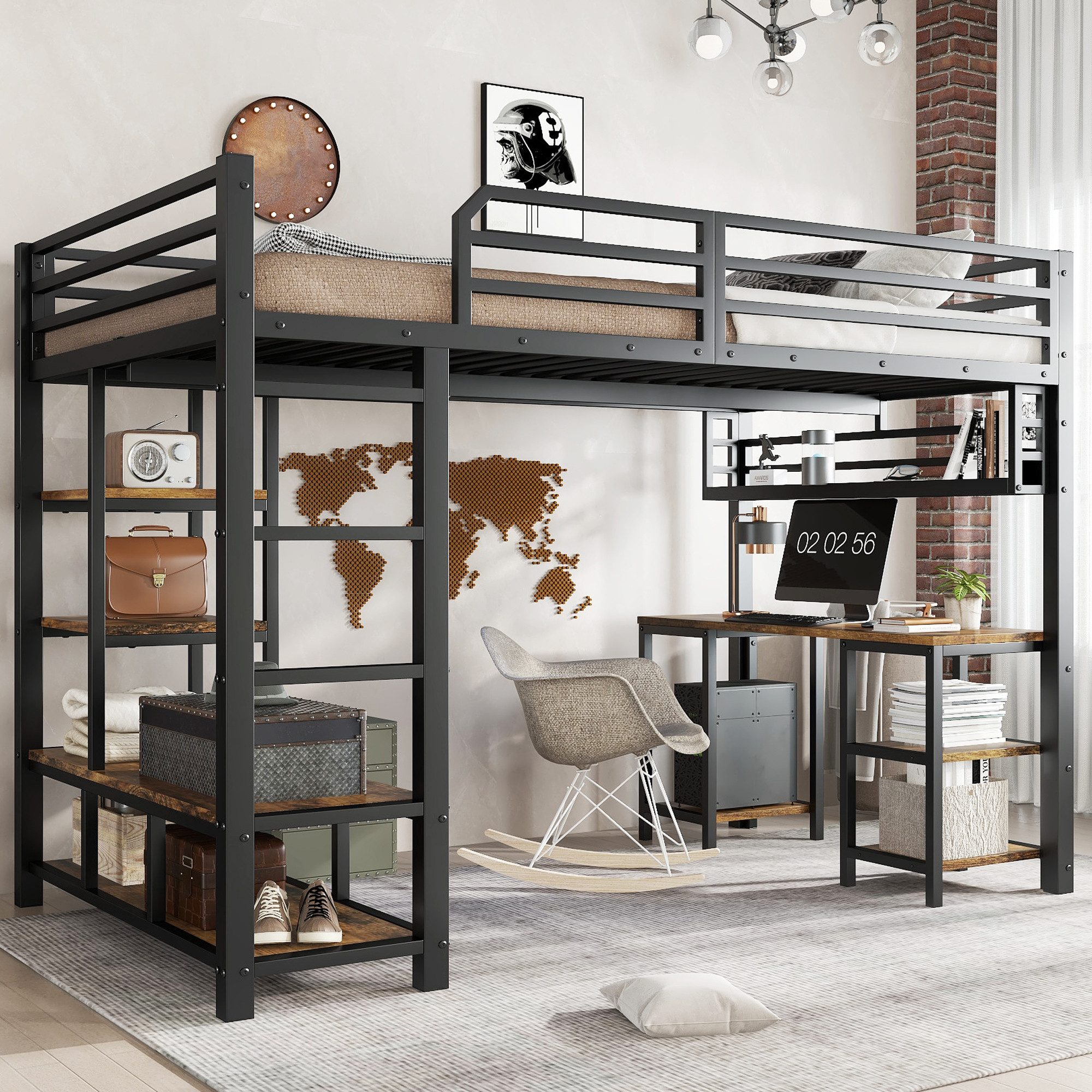 Odikalo Hochbett 120x200 Jugendbett Metallbett mit Schreibtisch & Stauraum (Eisenbett, Hochbett, Mit Schreibtisch und Ablagefläche, Stabile Lattenroste, 4-stufige Leiter, Eisen + Spanplatte, Schwarz+dunkle, 120x200cm)