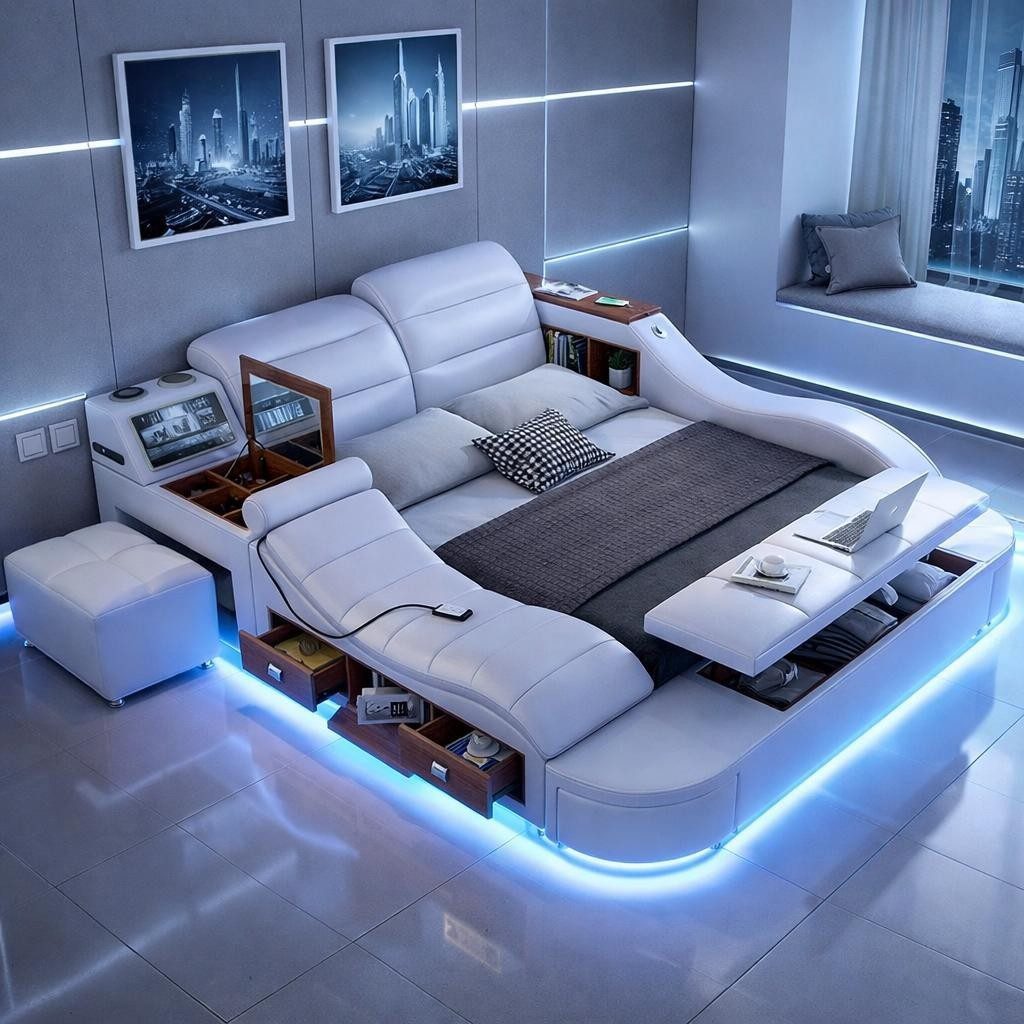 JVmoebel Multimediabett Multifunktionales Bett in Weiß mit USB-Anschluss und Massagefunktion