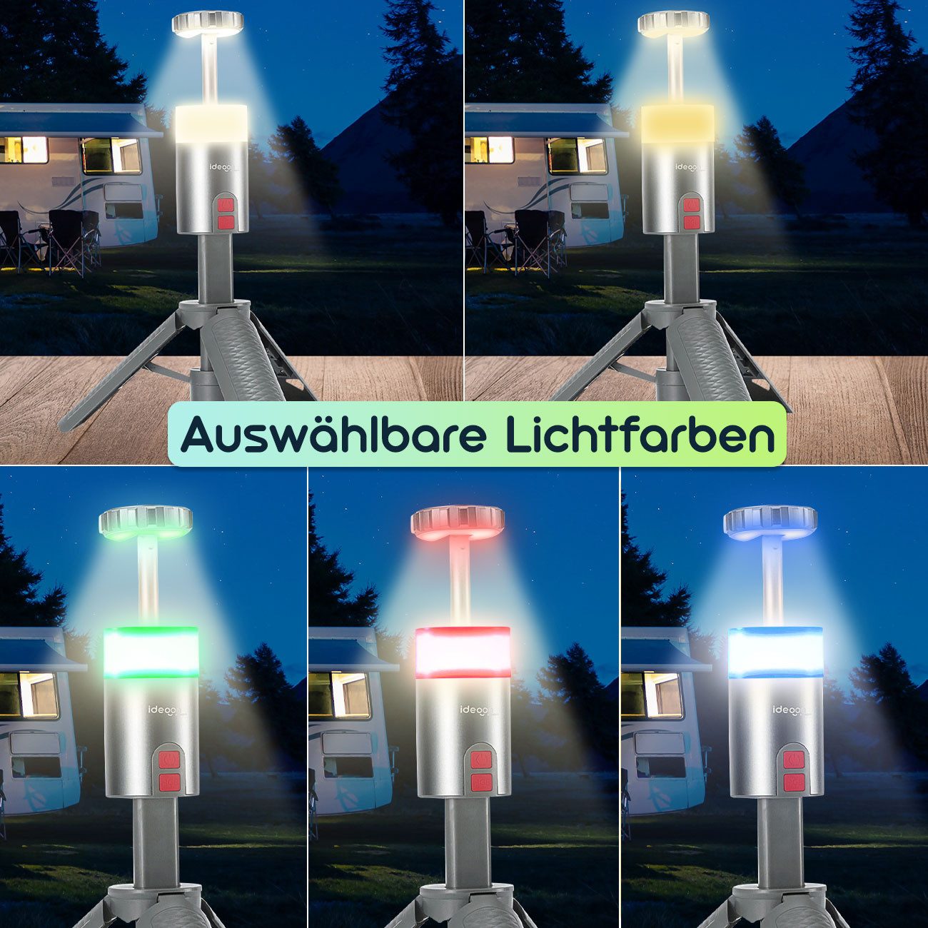 shop'n smile ideoon LED Baustrahler Outdoor Mobiler Akku Strahler mit Stativ dimmbar RGB 180° schwenkbar, LED, Akku 6000mAh, Stativ 32–115 cm, Powerbank, Aufstell-&Hängefunktion