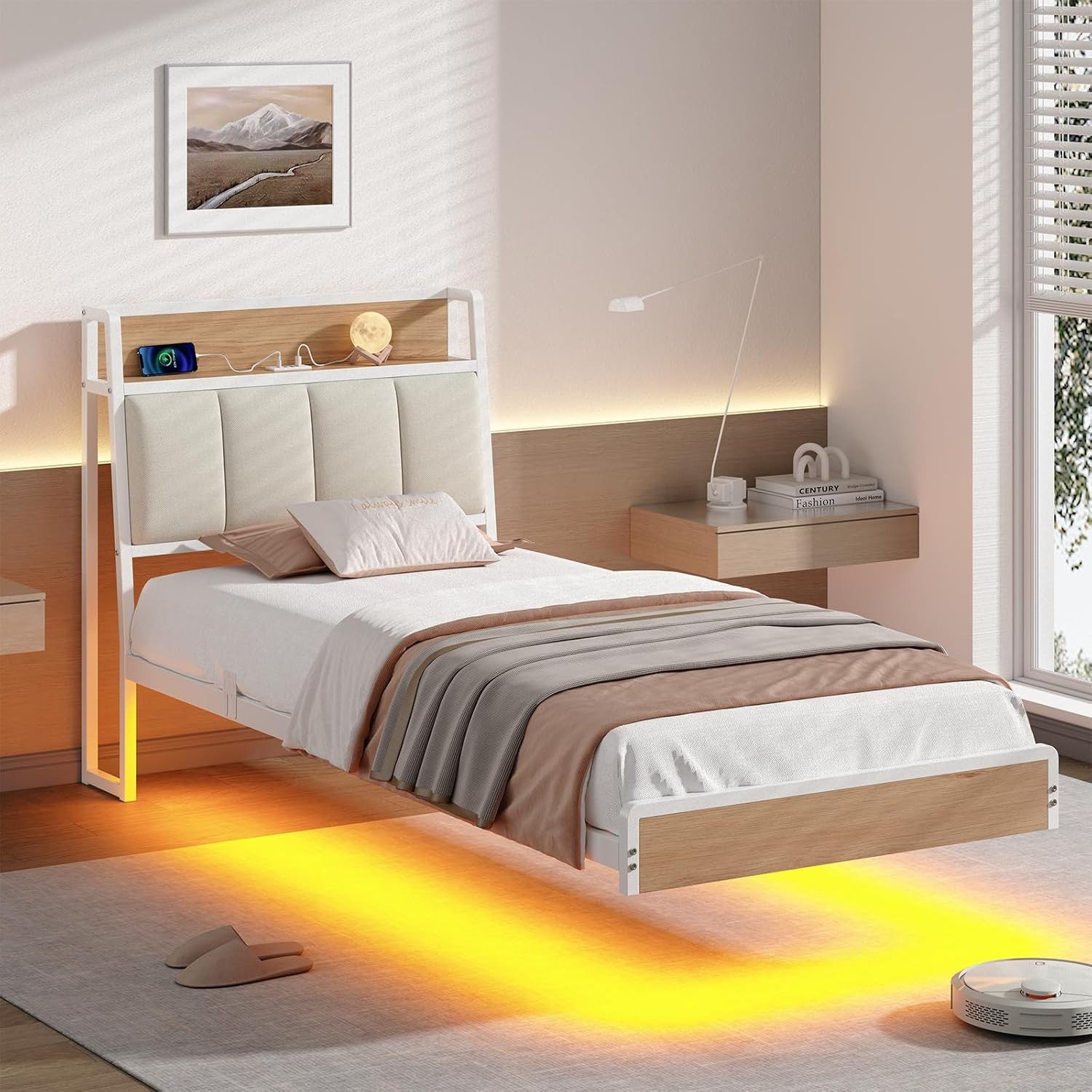 KIMENICH Polsterbett mit USB Ladefunktion und LED-Beleuchtung, Schwebender visueller Effekt (1-tlg., Ohne Matratze), Jugendbett Bettgestell 90x200cm – Bild 4 von 5