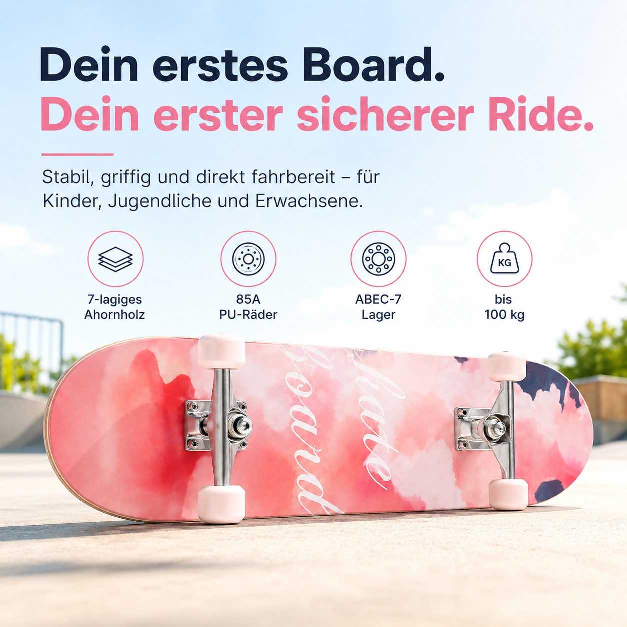 Diyarts Skateboard (Skate Rollerboard, für Anfänger und Profis bis 100kg, langlebiges 7-lagiges Ahorn), 85A PU Räder, ABEC-7 Lager, 90° Weitwinkel