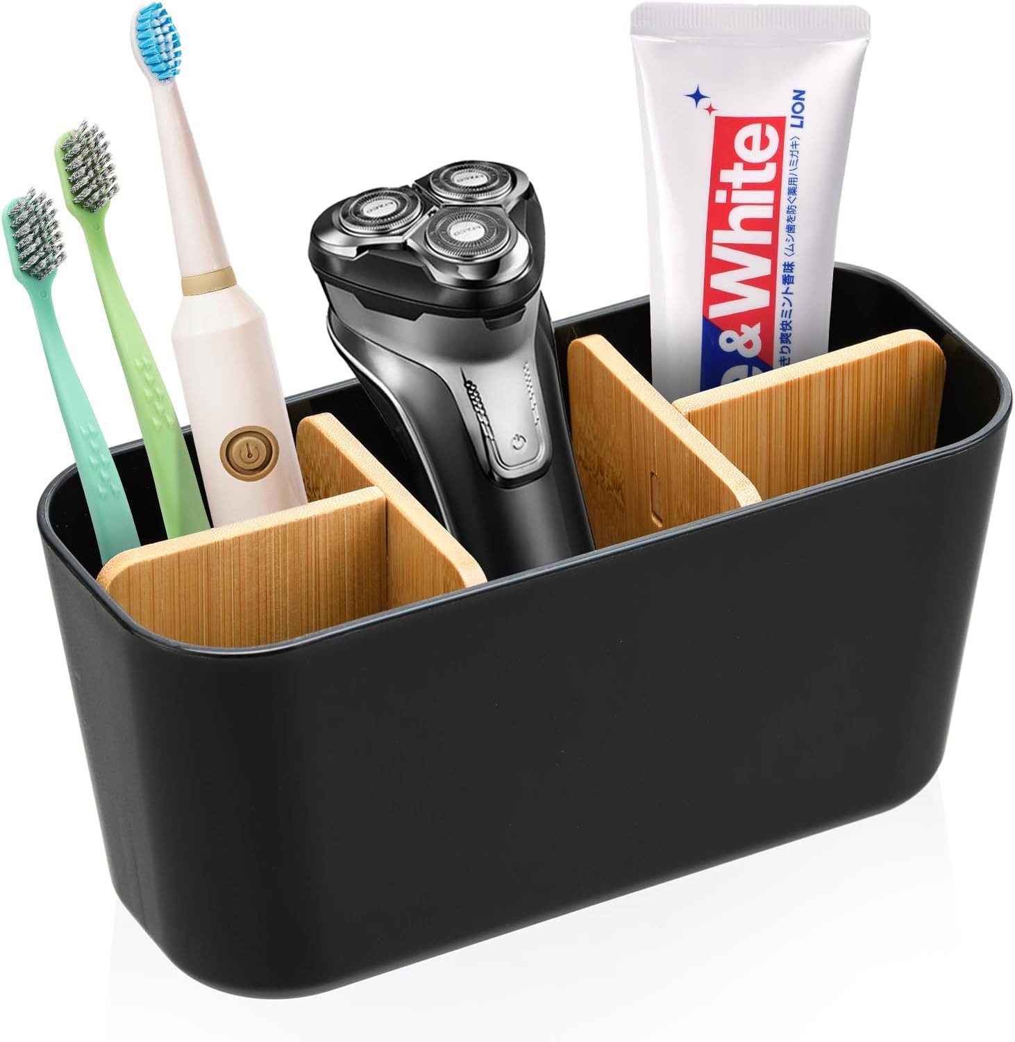BlingBin Zahnbürstenhalter Bambus Trennwände Toothbrush Holder Badezimmer Organizer, (1er Set, 1-St., 1pcs), mit 4 Zahnbürstenfächer + 1 Zahnpastafach Geeignet für Büro Wohnzimmer