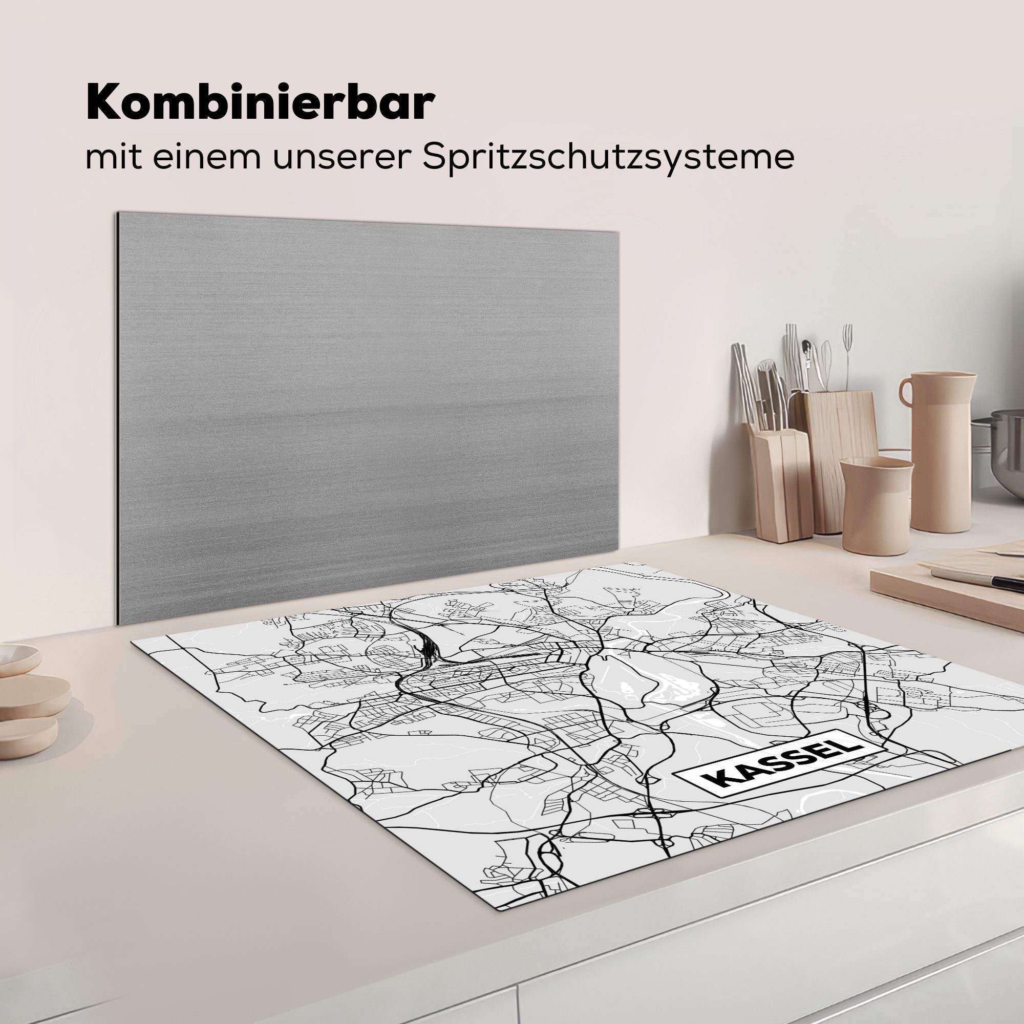 Ceranfeldabdeckung, cm, - Herdblende-/Abdeckplatte - Karte Deutschland MuchoWow Vinyl, küche Arbeitsplatte (1 tlg), Kassel für 78x78 Stadtplan, - - Karte