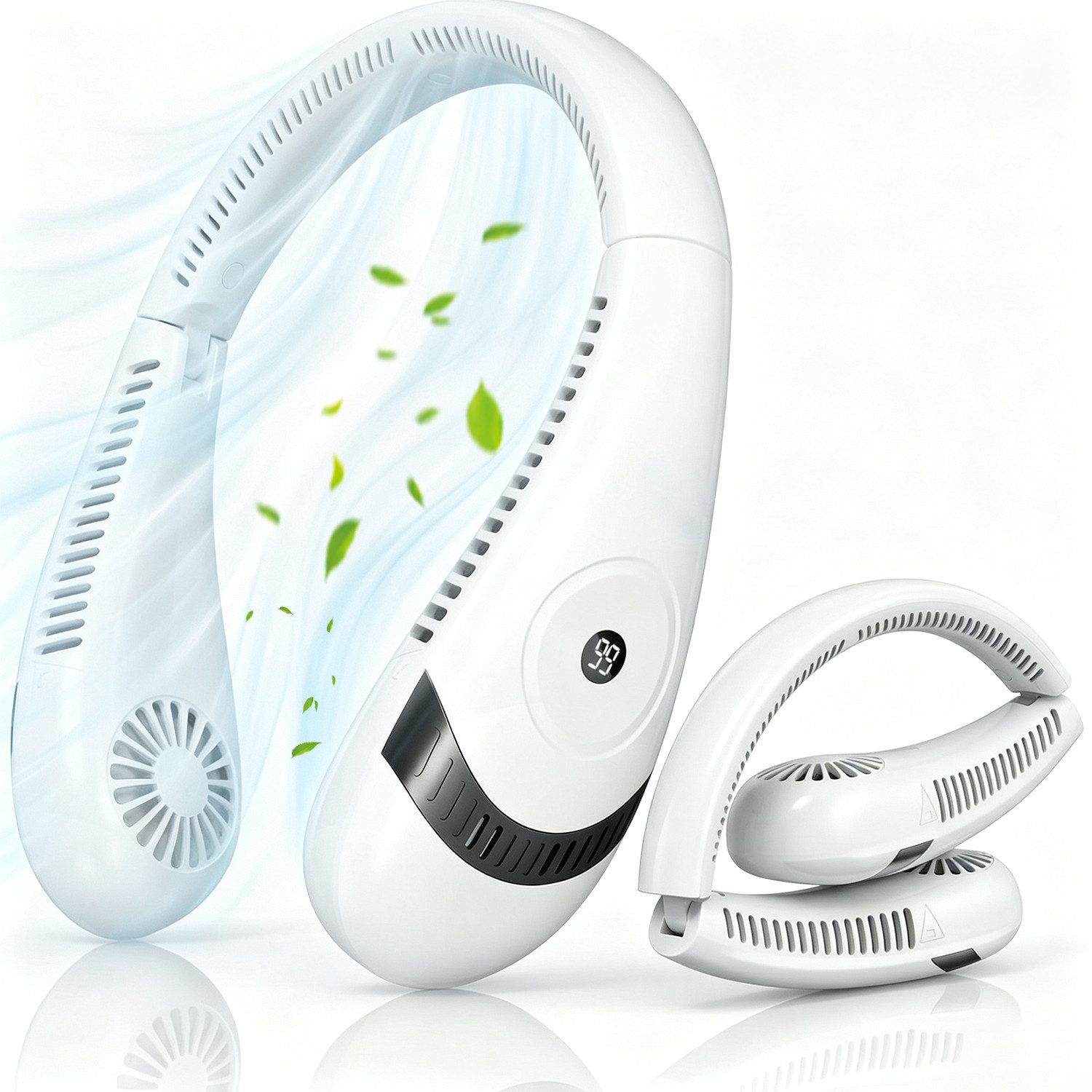 MOPUEA Mini USB-Ventilator Faltbarer LED-Display-Halsventilator, Tragbarer, blattloser Ventilator, 5000 mAh, 3 stufen, USB, für Reisen, Outdoor, Büro und Camping