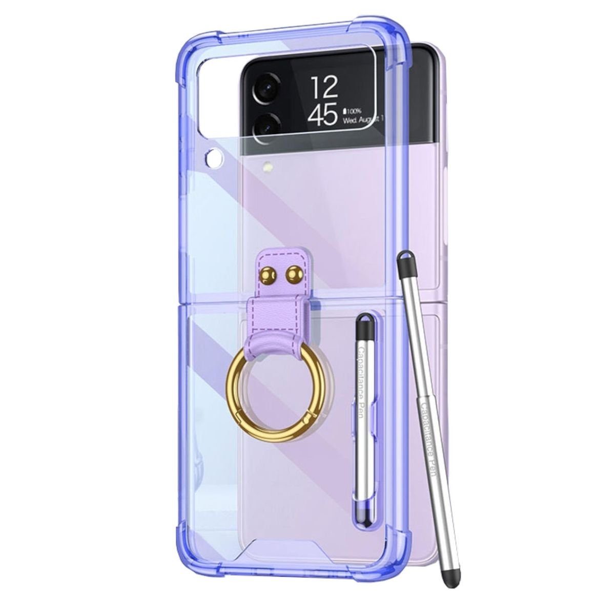 Wigento Handyhülle Für Samsung Galaxy Z Flip4 5G Ring / Stift Kunststoff Case Hülle Lila