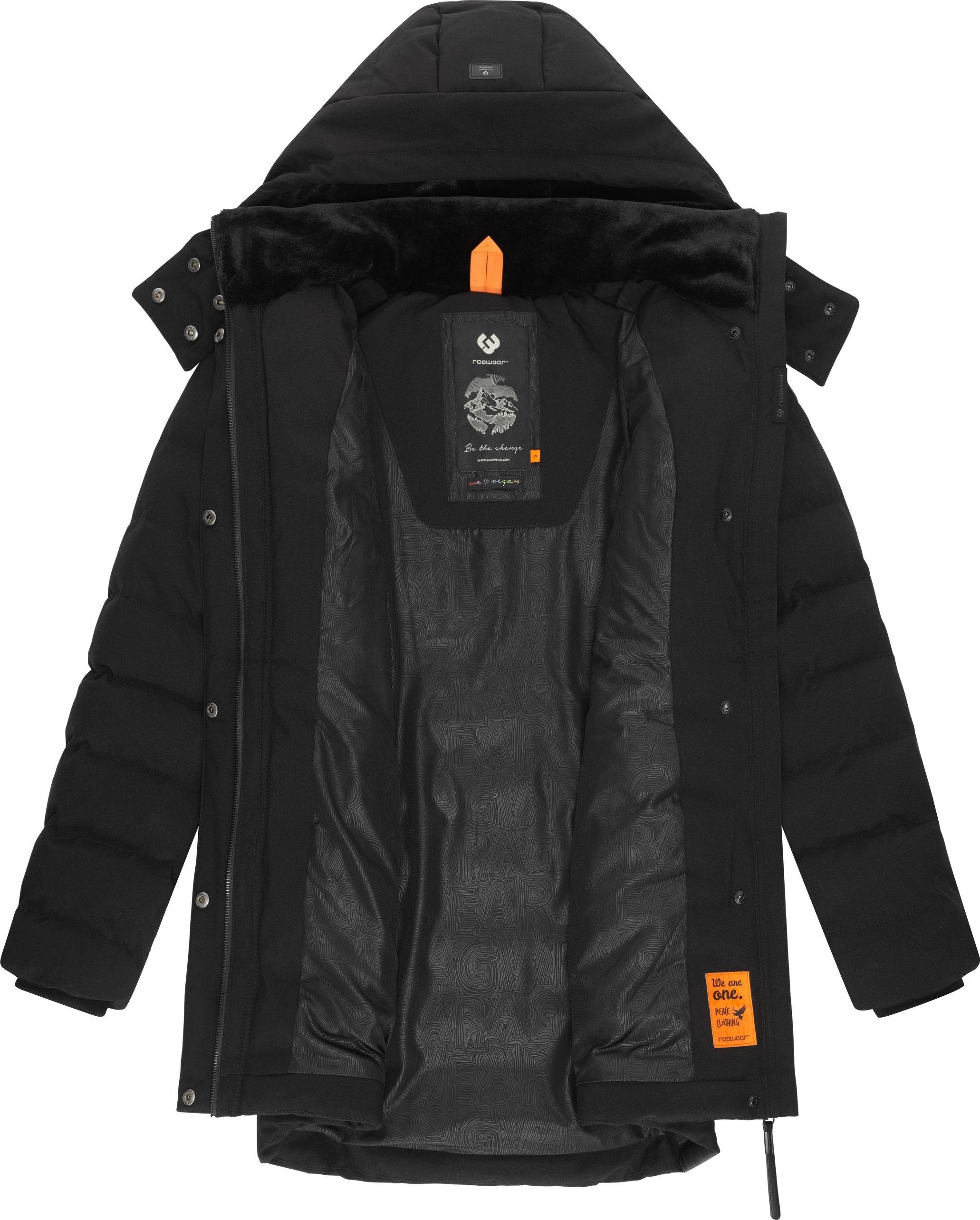 mit Winterparka Ragwear schwarz Block gesteppter gefütterter Winterjacke stylischer, Kapuze Ashanta