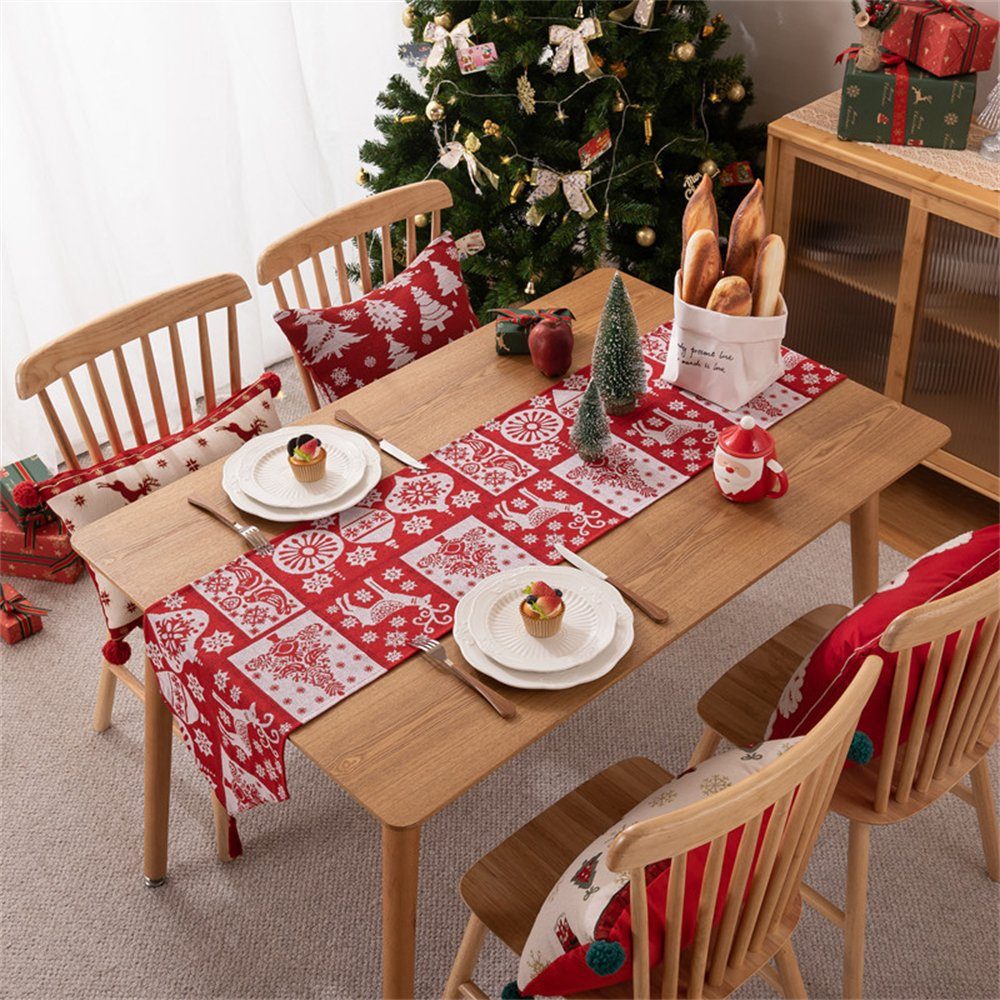 Rouemi Tischband Weihnachten Tischdecke, Weihnachten Polyester Elch Druck Tischdecken, 35×180cm Rot-B