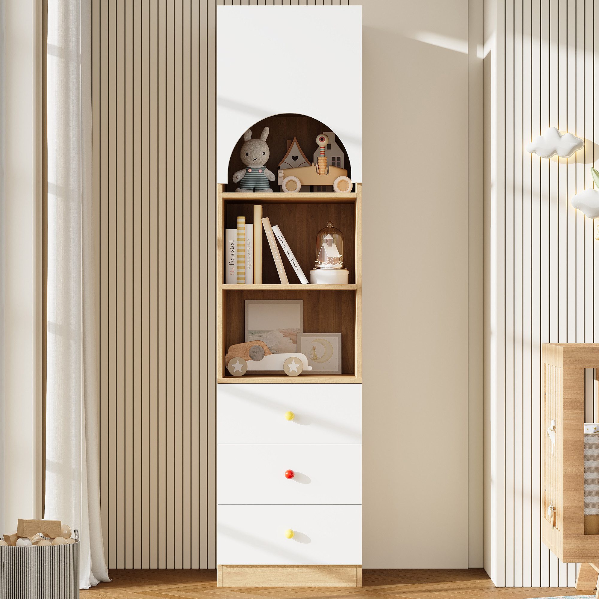 Flieks Hochschrank Bücherregal mit 4 Fächern, 3 Schubladen und Keramikgriffen (1-St., 50×50×200 cm) Mehrzweckschrank Eckschrank Ablageregal Holzoptik Weiß&Natur