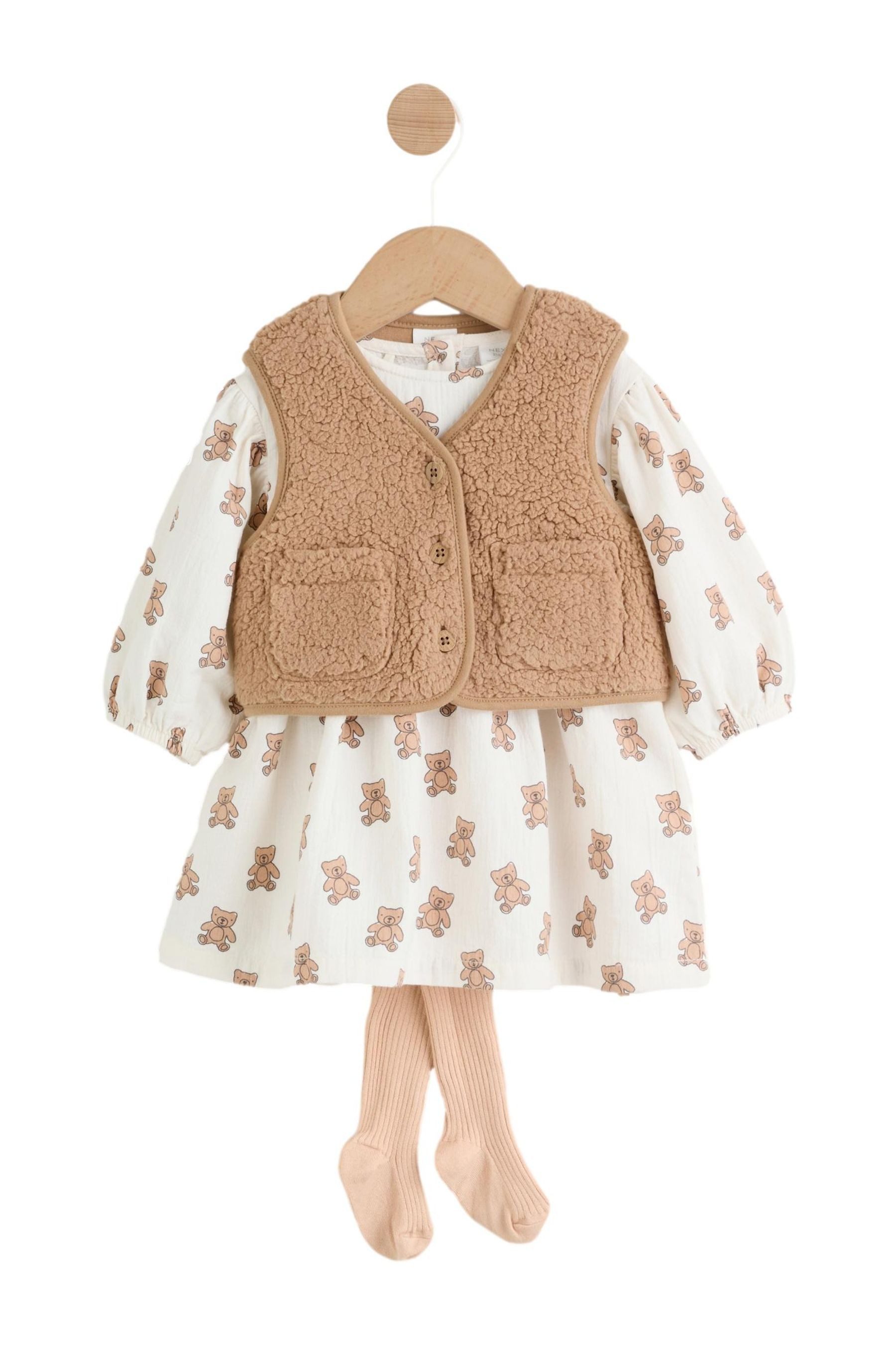 Next Kleid & Leggings Baby-3er-Set: Langarmkleid, Weste und Strumpfhose (3-tlg)